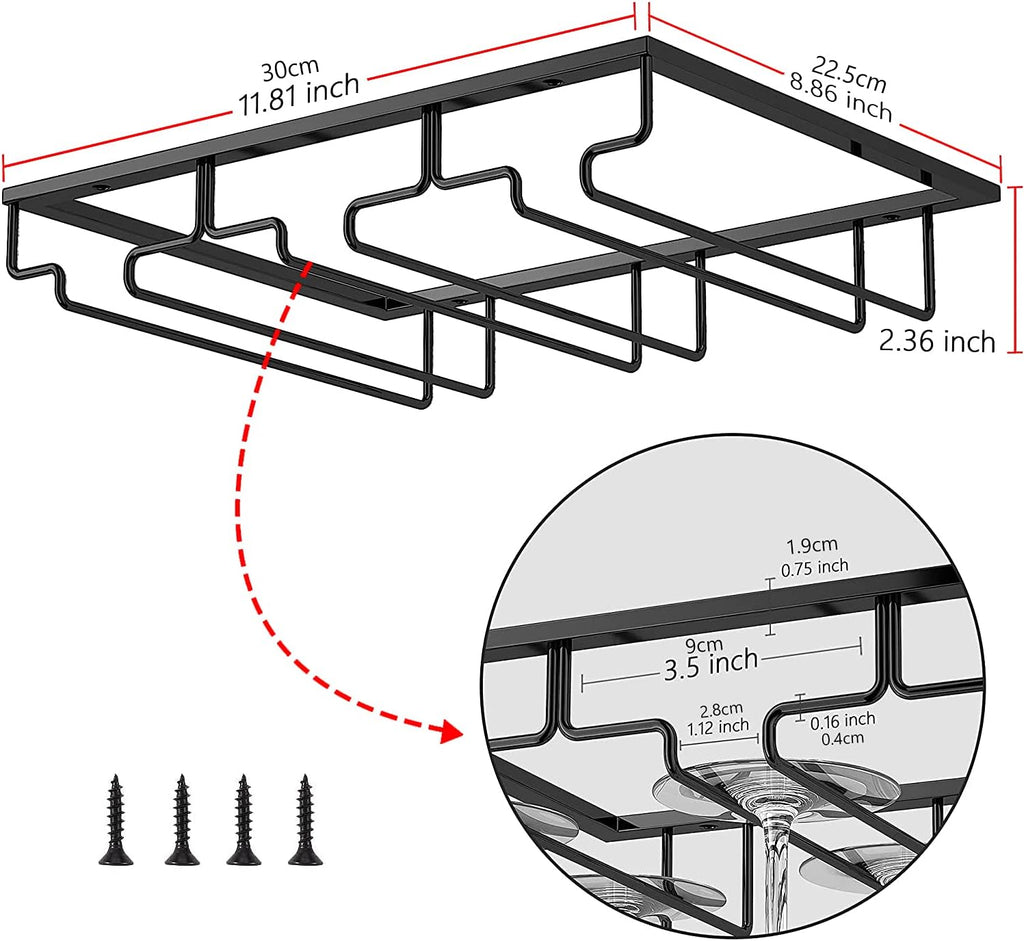 Wine Cup Holder Table Decoration Storage Hanger Metal Organizer for Bar Kitchen Stemware Rack Under Cabinet Stainless Steel Hanger Storage Shelf Black (Black, 3 Rows 1 Pack)