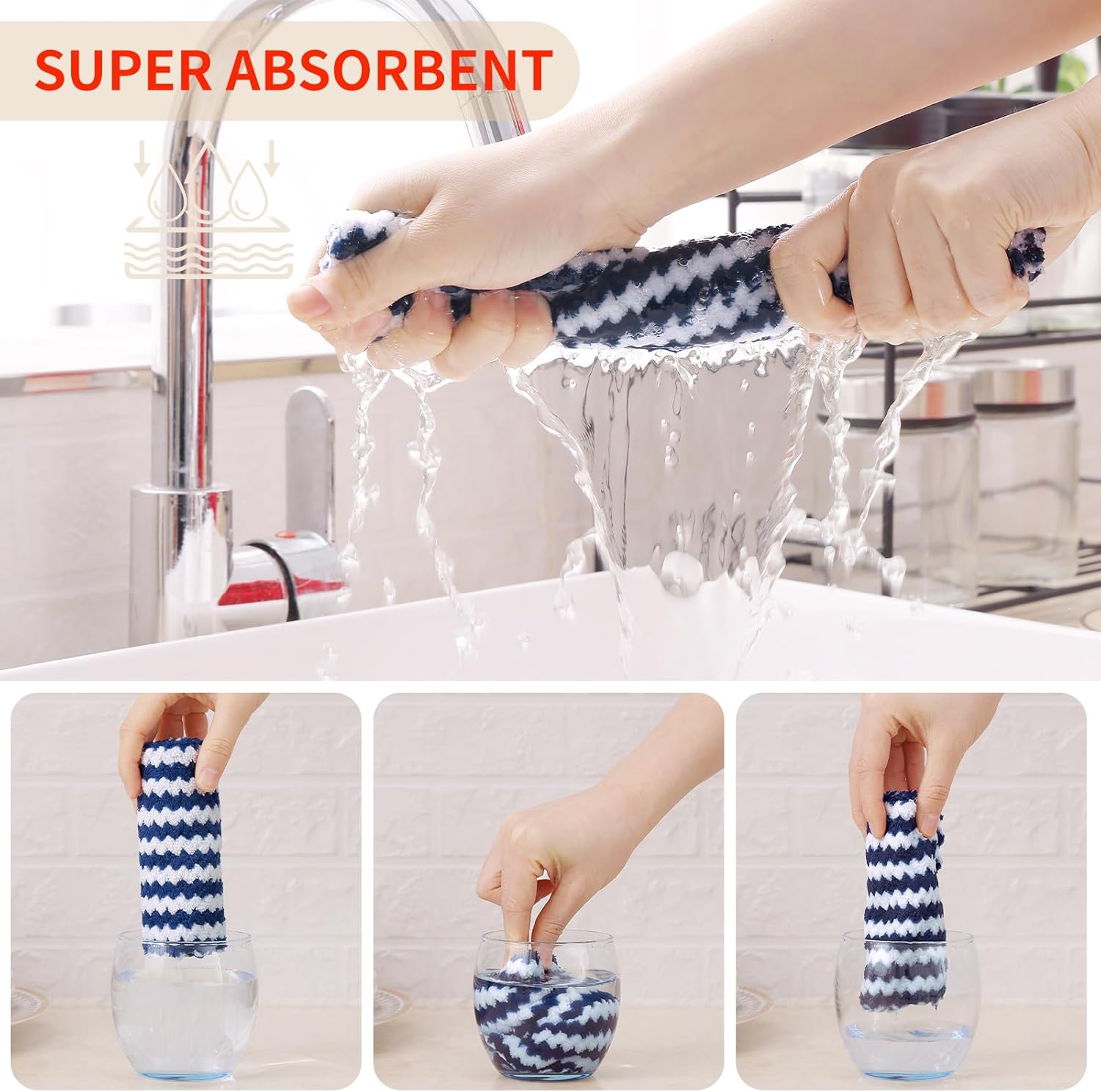 Homaxy Kitchen Towels(12 Pack, 10 x 20 inches), Ultra Soft and Absorbent Dish Towels, Reusable Fast Drying Microfiber Cleaning Cloth, Coral Velvet Wave Design No-lint, Navy Blue