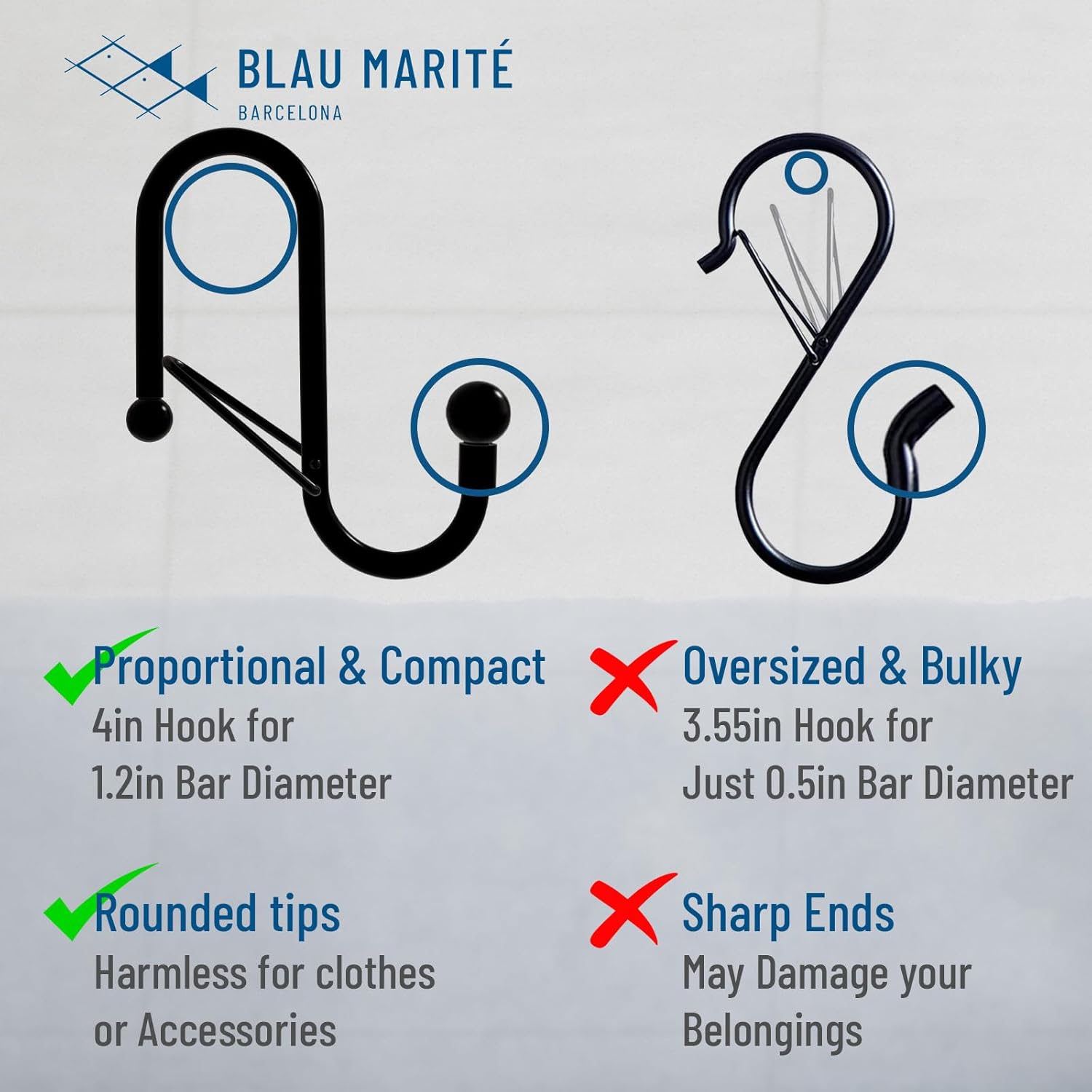 6 S-Shaped Hooks with Anti-Fall System. Anti Drop S-Shaped Hook with Safety Buckle to Prevent Falls. Heavy Duty. (Black, 4in Long (Diameter Rod<1.2in))
