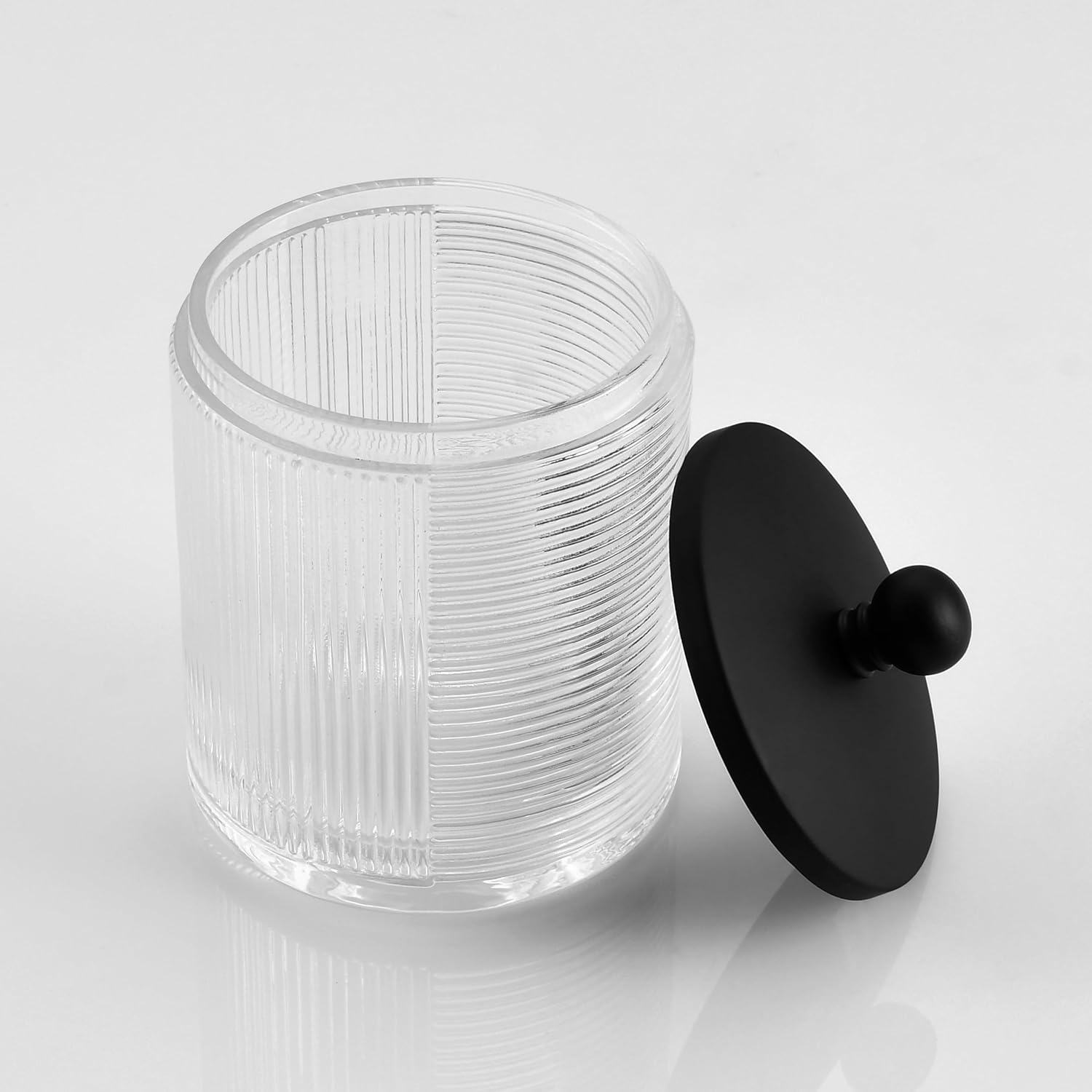 Glass Cotton Jar Holder Matte Black Lid, Elegant Bathroom Storage Canister for Qtips, Cotton Balls, Floss, Makeup Organizer, Vanity Bathroom Organization