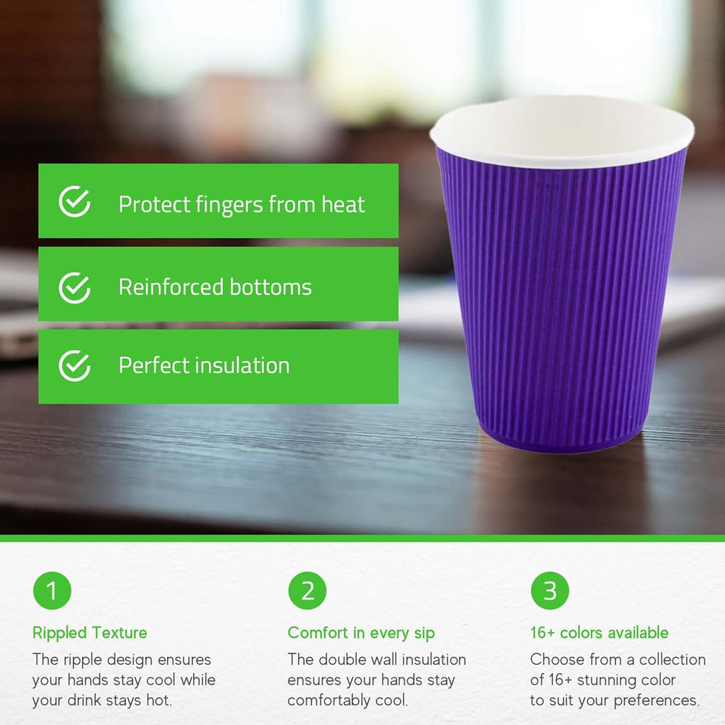 Restaurantware-12 Ounce Disposable Coffee Cups, 500 Ripple Wall Hot Cups For Coffee - Lids Sold Separately, Rolled Rim, Royal Purple Paper Insulated Coffee Cups, For Hot Coffee, Tea, And More