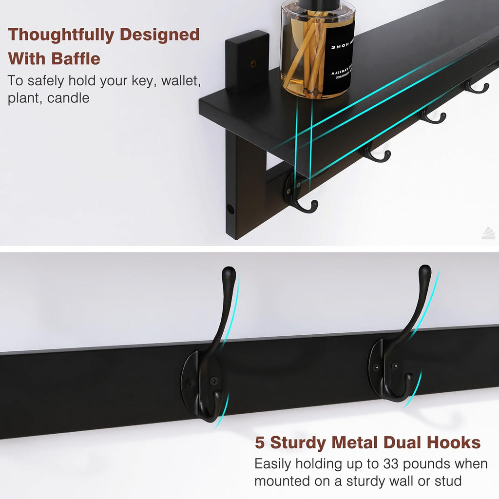 SMIBUY Coat Hooks with Shelf Wall-Mounted, 29.2 Inch Entryway Coat Rack for Wall, Bamboo Hanging Shelf with 5 Double Metal Hooks for Bathroom, Bedroom, Kitchen, Living Room, Mudroom (Black)