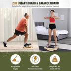 2-in-1 Wooden Slant Board & Balance Board, Portable 6 Angle Adjustable Calf Stretch Board with Training Poster, 300lb Weight Capacity Calf Ankle Stretcher for Physical Therapy, Squat & Core Strength