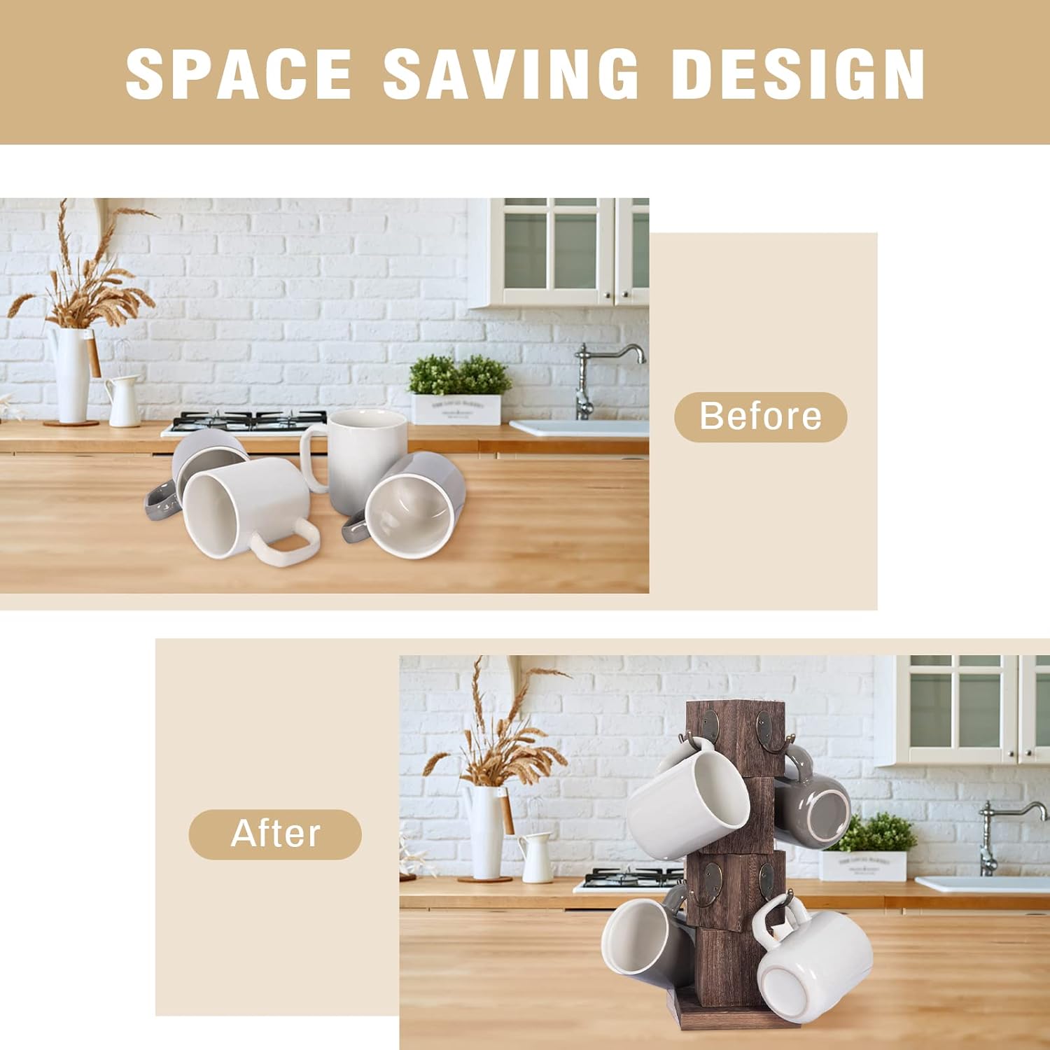 Coffee Mug Holder Tree, Rustic Solid Wood Mug Tree Stand with 8 Hooks, Farmhouse Coffee Cup Holder for Counter, Mug Hanger for Kitchen Organizer, Brown