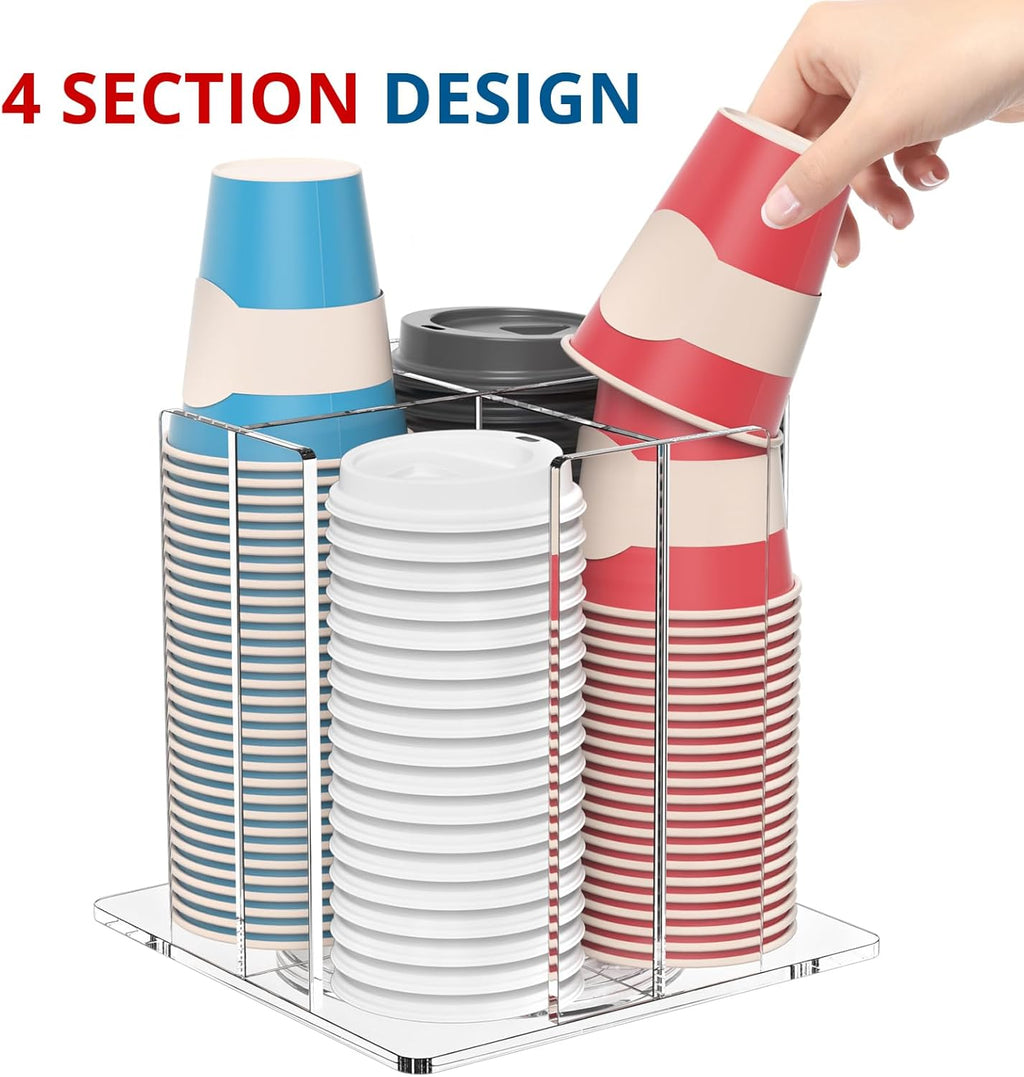 Cup and Lid Holder, 4 Compartment, Square | Rotating Coffee Cup Dispenser Lid Carousel for Restaurant, Buffet, Coffee Station, Bar, Countertop, Clear Acrylic