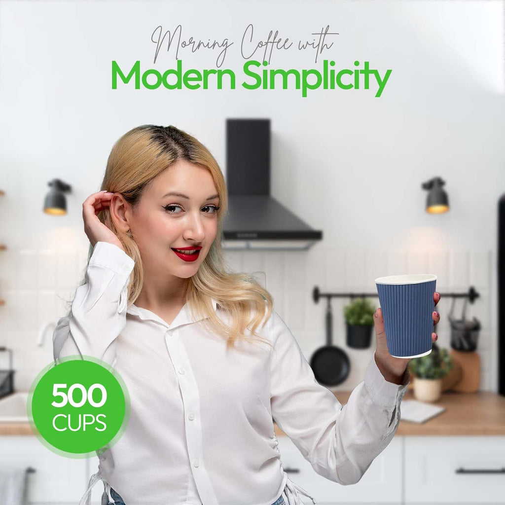 Restaurantware-12 Ounce Disposable Coffee Cups, 500 Ripple Wall Hot Cups For Coffee - Lids Sold Separately, Rolled Rim, Midnight Blue Paper Insulated Coffee Cups, For Hot Coffee, Tea, And More