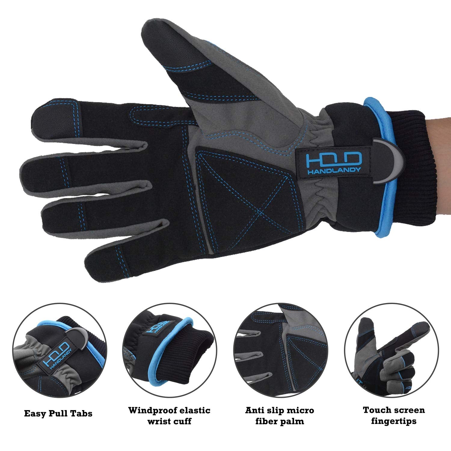 HANDLANDY Waterproof Insulated Work Gloves, 3M Thinsulate Thermal Winter Gloves for Men Women Touch Screen, Warm Ski Snowboard Cold Weather Gloves (XL, Blue)
