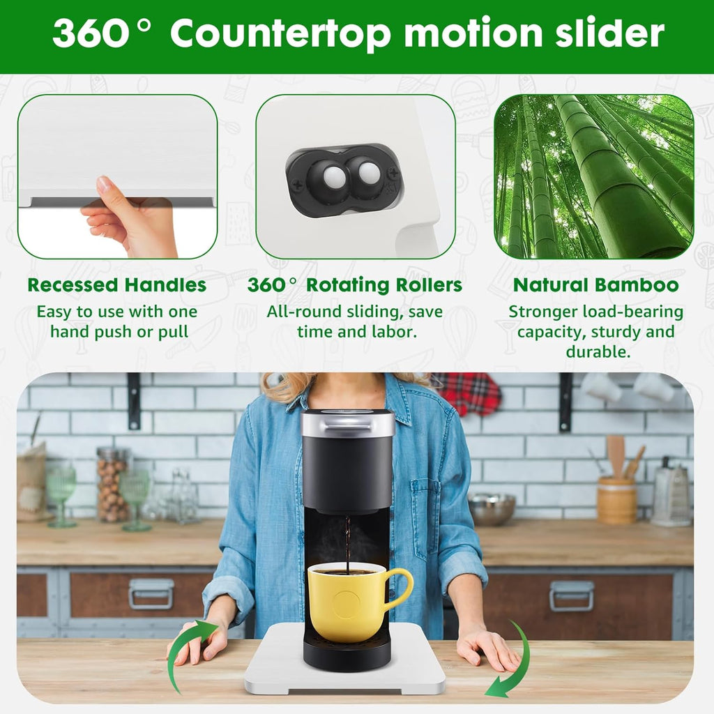 Appliance Slider 360° Rolling Tray for Coffee Maker- Bamboo Coffee Pot Slider Tray Countertop Rotation Sliding Tray with Wheels, Small Appliances Mat White (small 11.8" × 9.8" × 0.6")