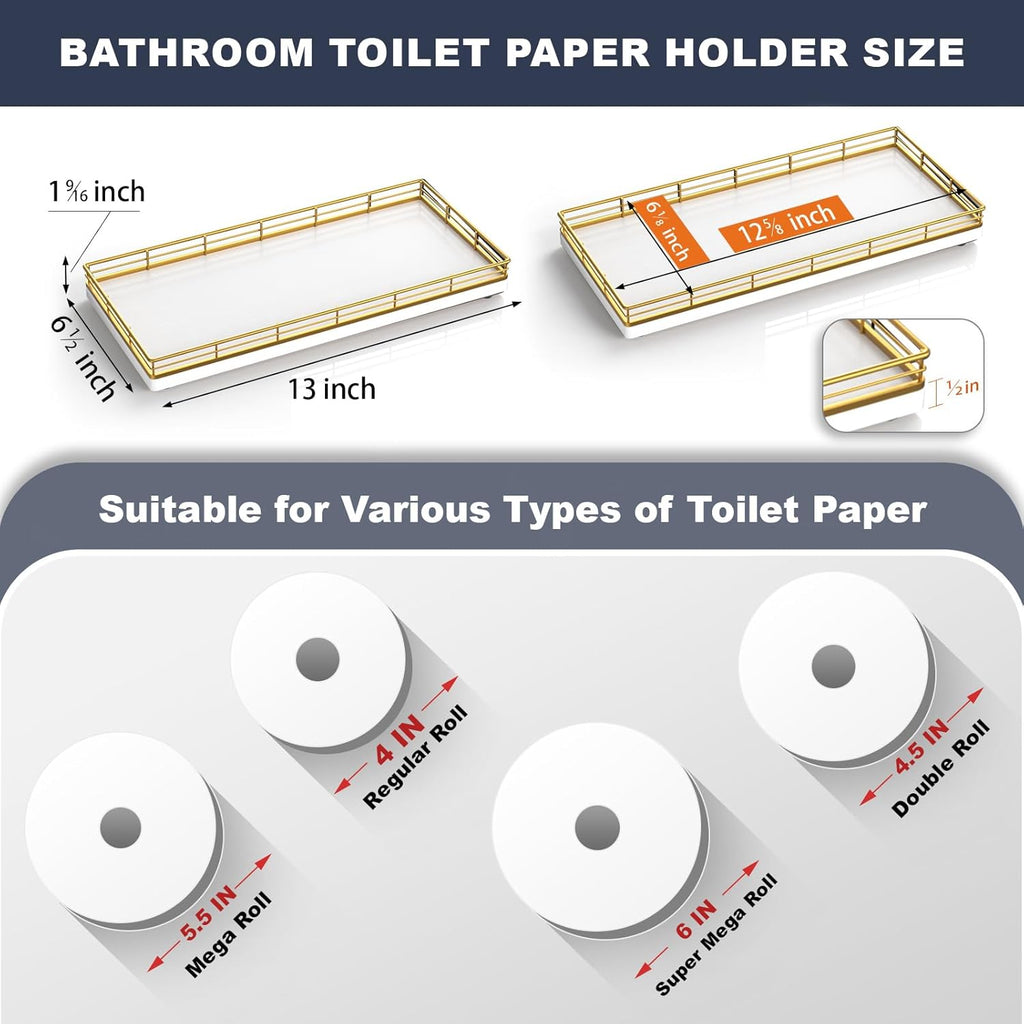 Bathroom Toilet Tank Tray, 13" Wood Toilet Paper Storage Basket Tray Back of Toilet Basket Organizer,Vanity Tray for Perfume Makeup Candle Decor, Gold & White