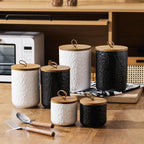 Black White Ceramic Coffee Canister Tea Canister with Seal Wood Lid, Airtight Coffee Storage Container for Coffee Bean, Ground Coffee, Sugar, Cookie Candy jar (Black three piece)