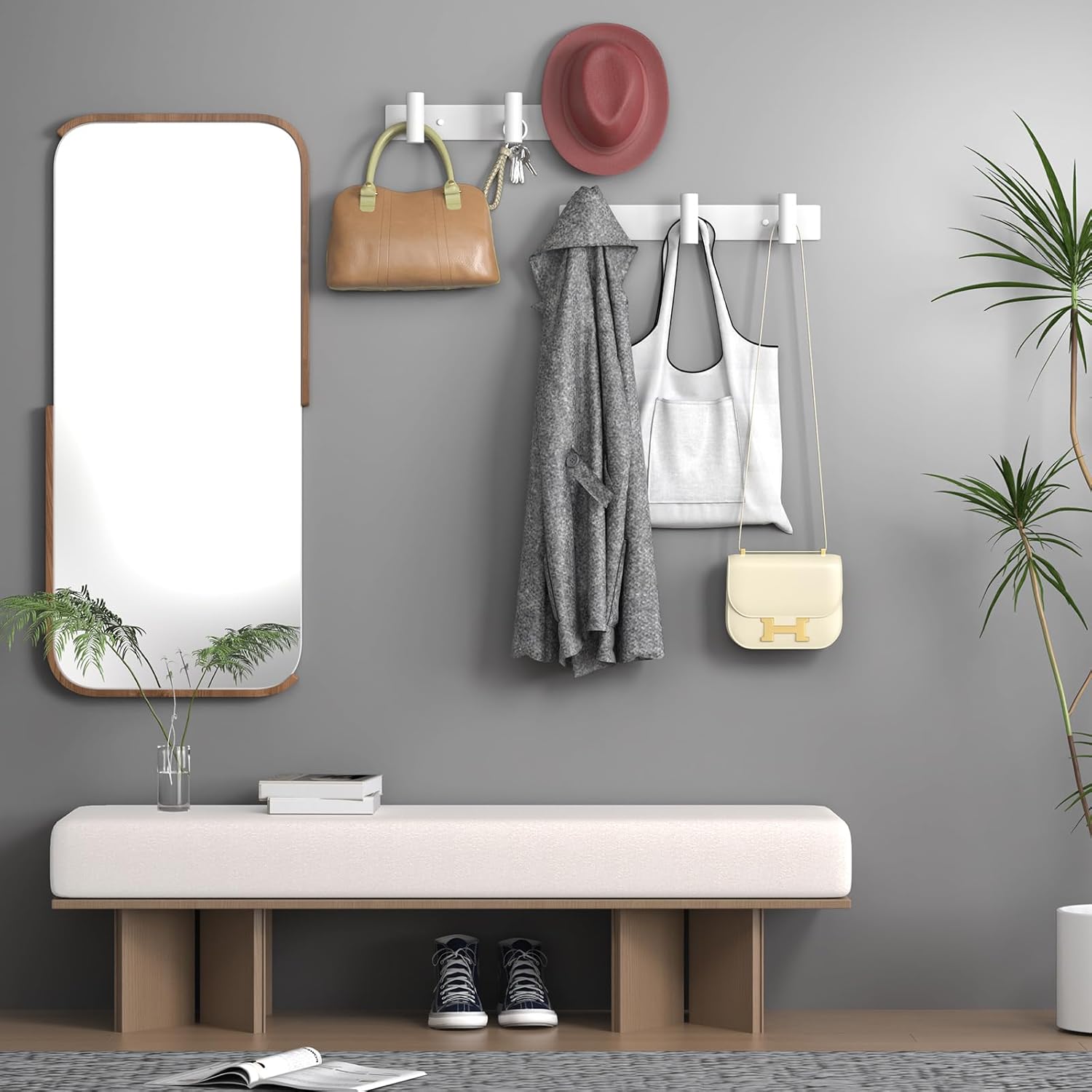 VAEHOLD Hat and Coat Wall Mount Rack - Hooks for Robes, Bags, Keys, and Towels - Bathroom Towel Hanger Organizer (White, “T“ Shape 3 Hooks 2 Pack)