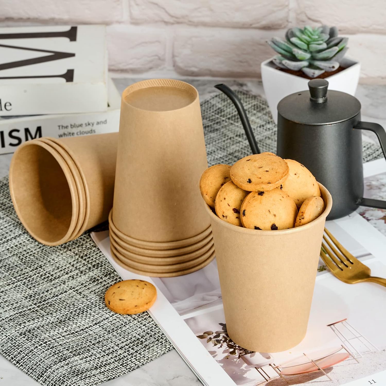 LITOPAK 100 Pack 12 oz Kraft Paper Cups, Disposable Coffee Cups, Disposable Drinking Cups, Hot Coffee Cups, Paper Coffee Cups for Water, Coffee, Juice, and Milk