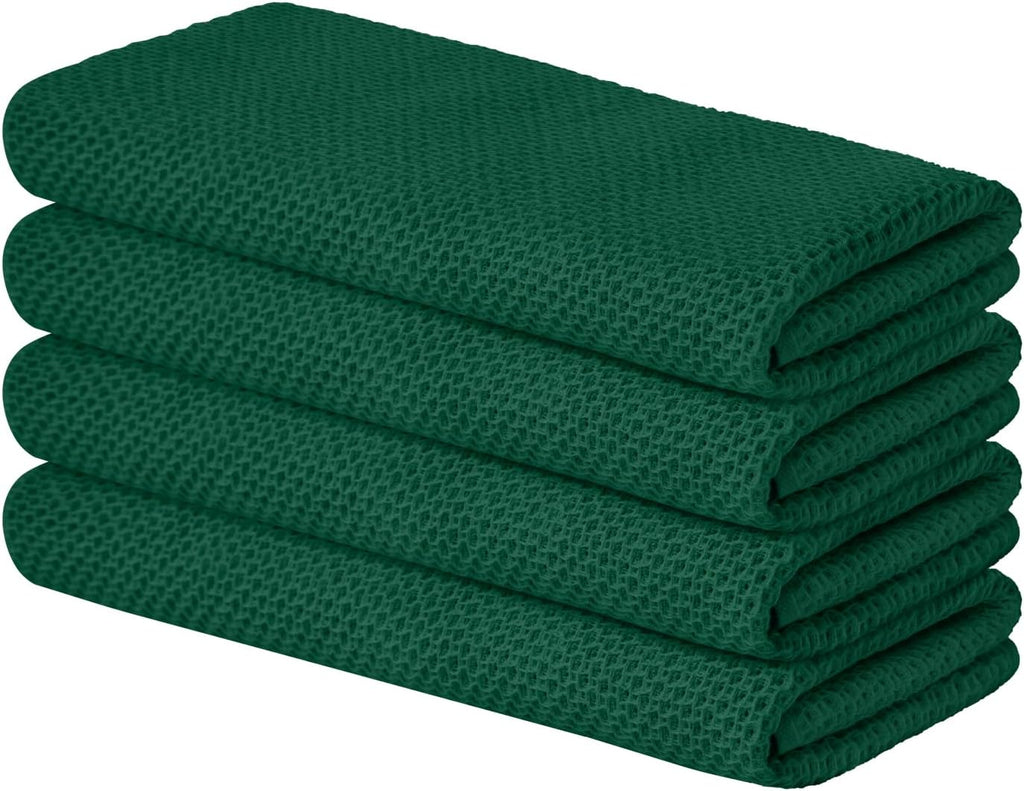 Artoid Mode 100% Cotton Dark Green Waffle Weave Kitchen Dish Cloths, 13x28 Inch Ultra Soft Absorbent Quick Drying Kitchen Dish Towels Set of 4