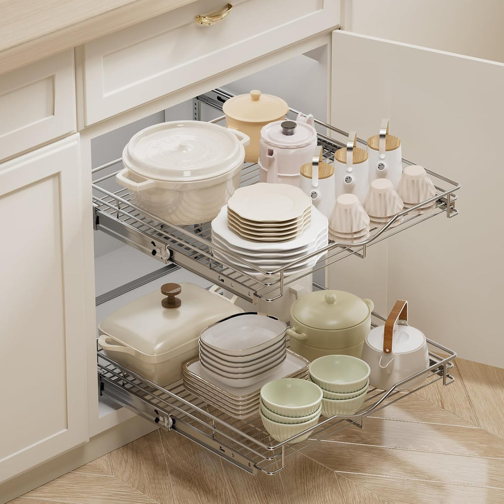 DINDON Pull Out Cabinet Organizer (22-1/2" W x 21-1/2"D), Cabinet Pull Out Shelves, 2 Tier Pull Out Drawers for Kitchen Cabinets, Wire Basket Slide Out Shelf, Pot and Pan Organizer