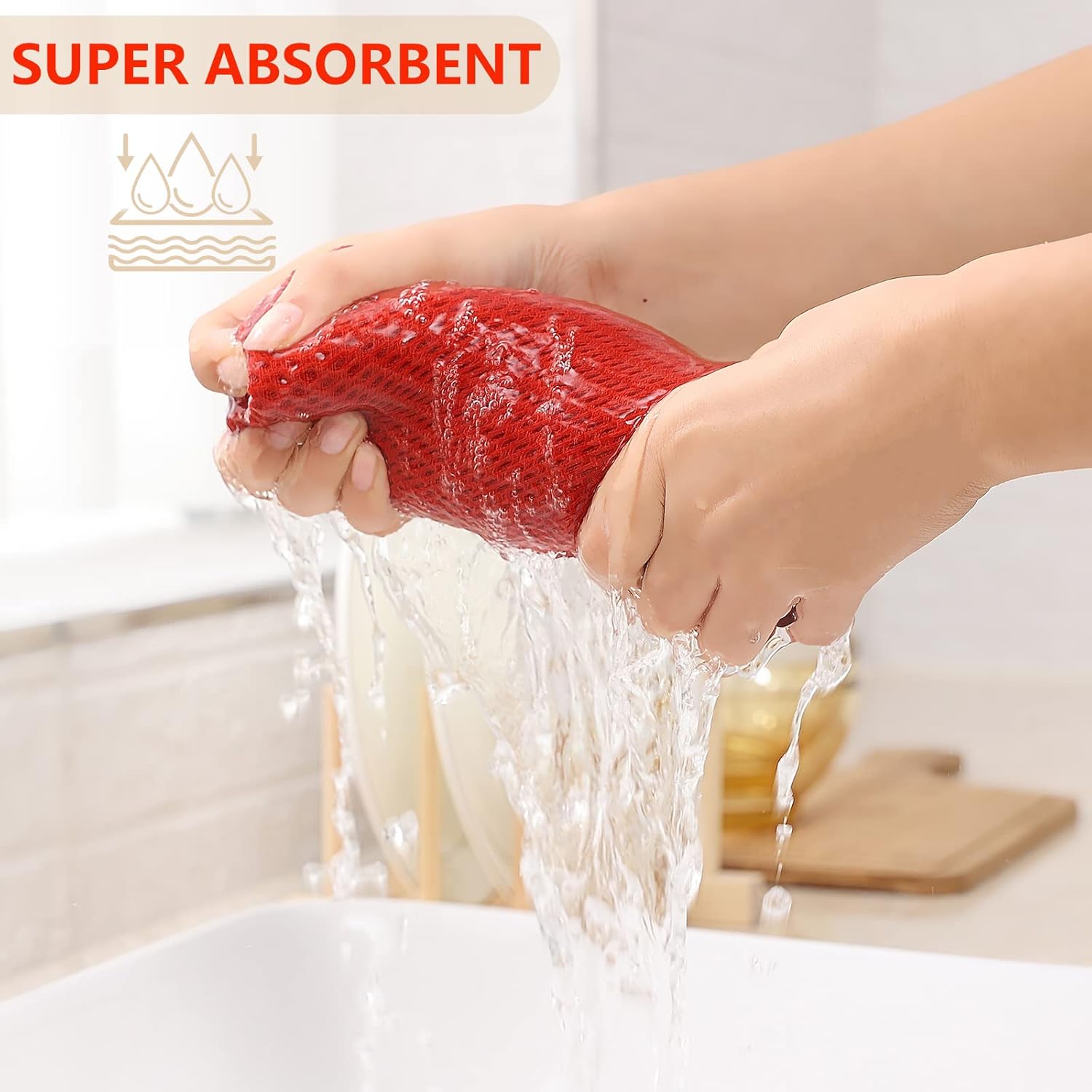 Kitinjoy 100% Cotton Waffle Weave Kitchen Towels, 4-Pack Super Soft and Absorbent Dish Towels for Drying Dishes, Kitchen Hand Towels, 13 in x 28 in, Brick Red