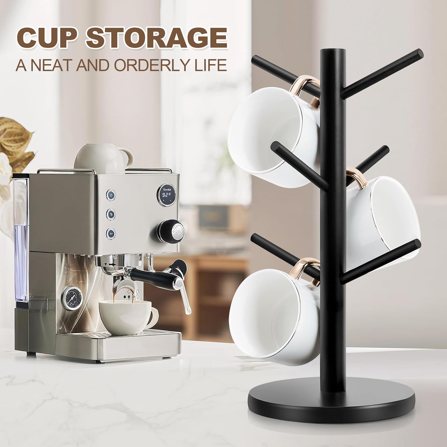 Mug Holder Tree, Thicker Base Coffee Cup Holder for Countertop, Sturdy Wood Coffee Mug Hanger with 6 Hooks, Non-Slip Cup Rack for Home Storage and Organizer