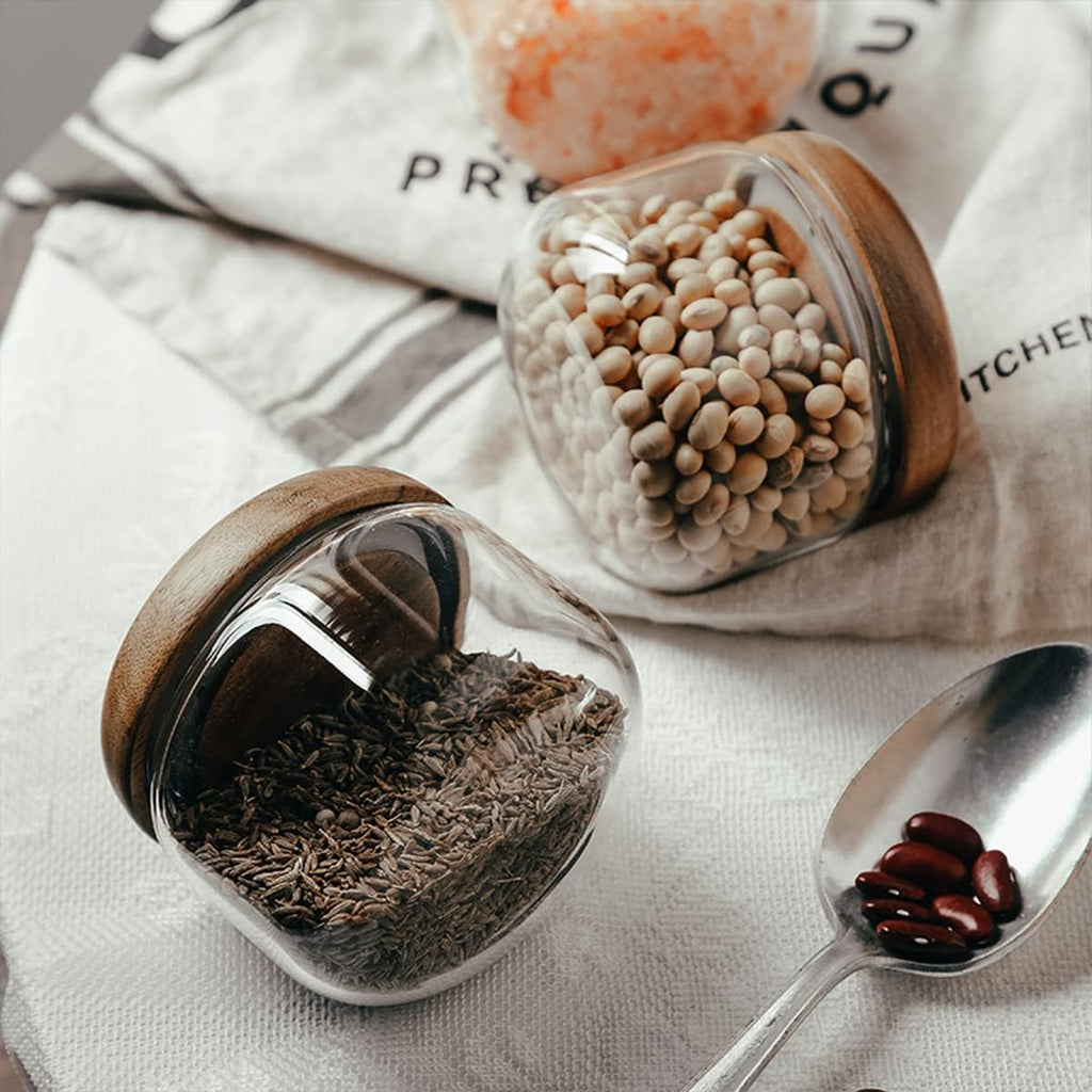 Glass Food Storage Containers With Wooden Lids - Small Coffee Jars - Pantry Organization For Overnight Oats, Cereal, Rice, Candy (14oz(400ml))