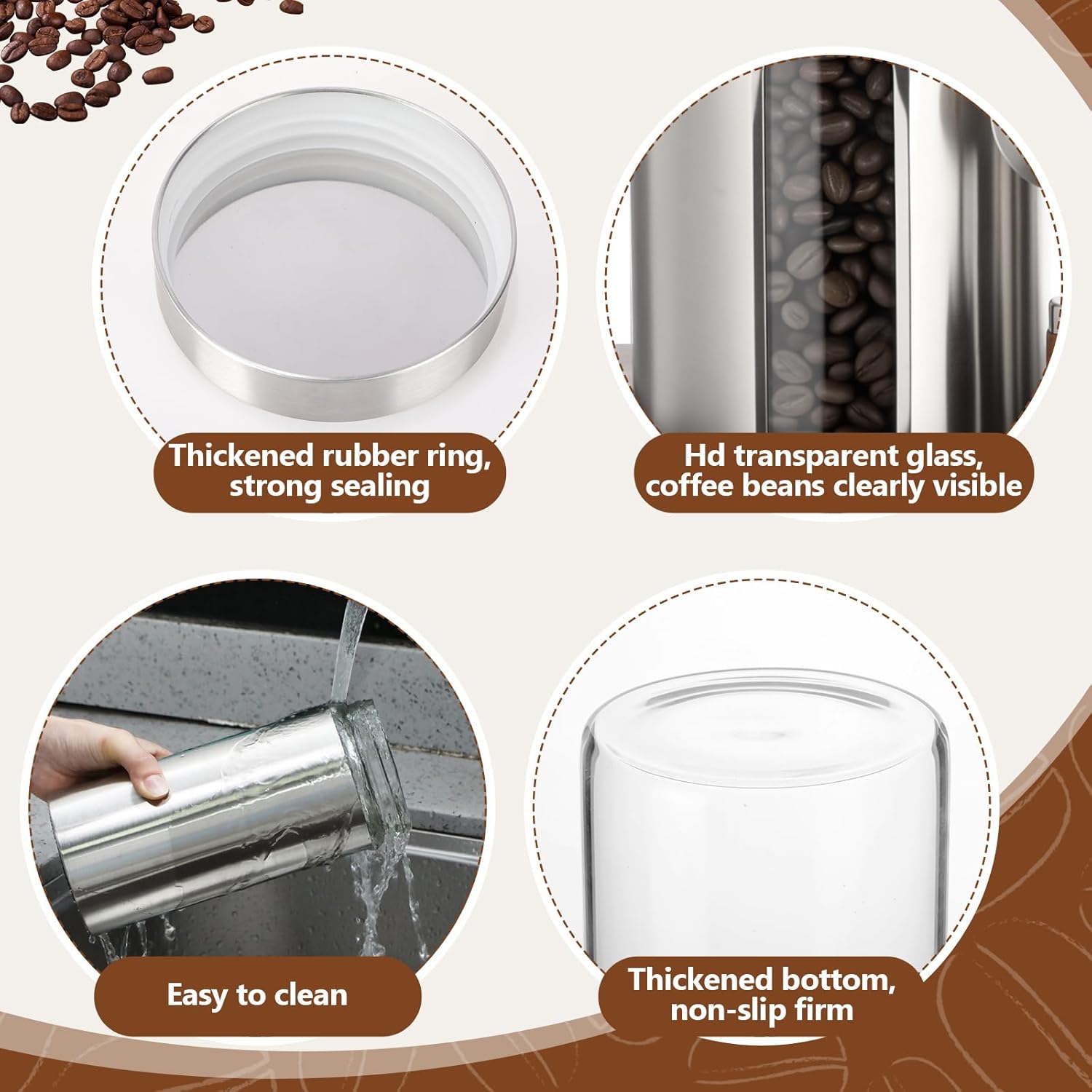 Suclain Stainless Steel Coffee Grounds Canisters with Shelf 3 x 50oz Sugar Coffee Bean Storage Container with Airtight Threaded Lid, Glass Window, Scoop Kitchen Storage Jar Set for Bar Creamer Nut Tea