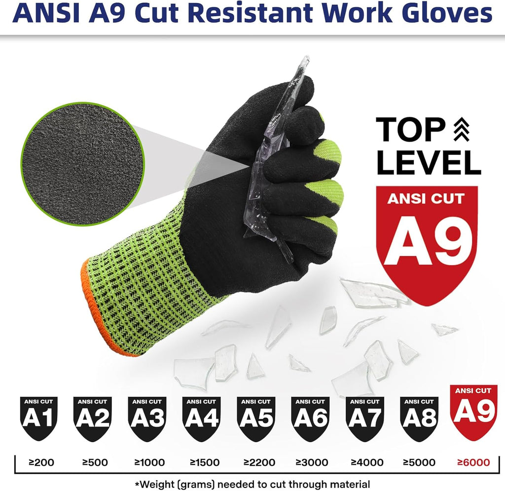 Schwer ProGuard Highest Level Cut Resistant Work Gloves PR3326 for Extreme Protection, ANSI A9 Working Gloves with Sandy Nitrile Coated, Touch-screen, Durable, Washable, Non PFAS, Yellow 1 Pair L