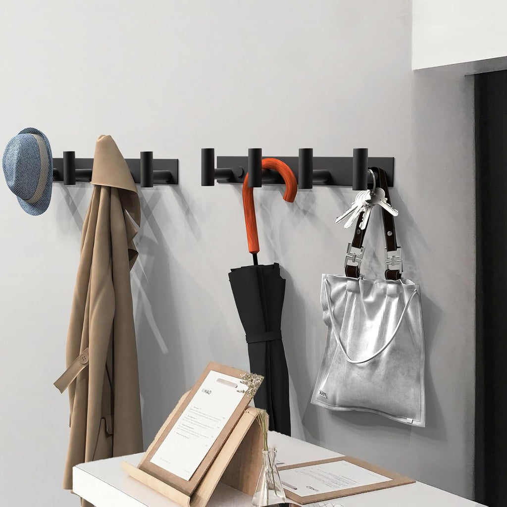 VAEHOLD Hat and Coat Wall Mount Rack - 4 Hooks for Robes, Bags, Keys, and Towels - Bathroom Towel Hanger Organizer -Black