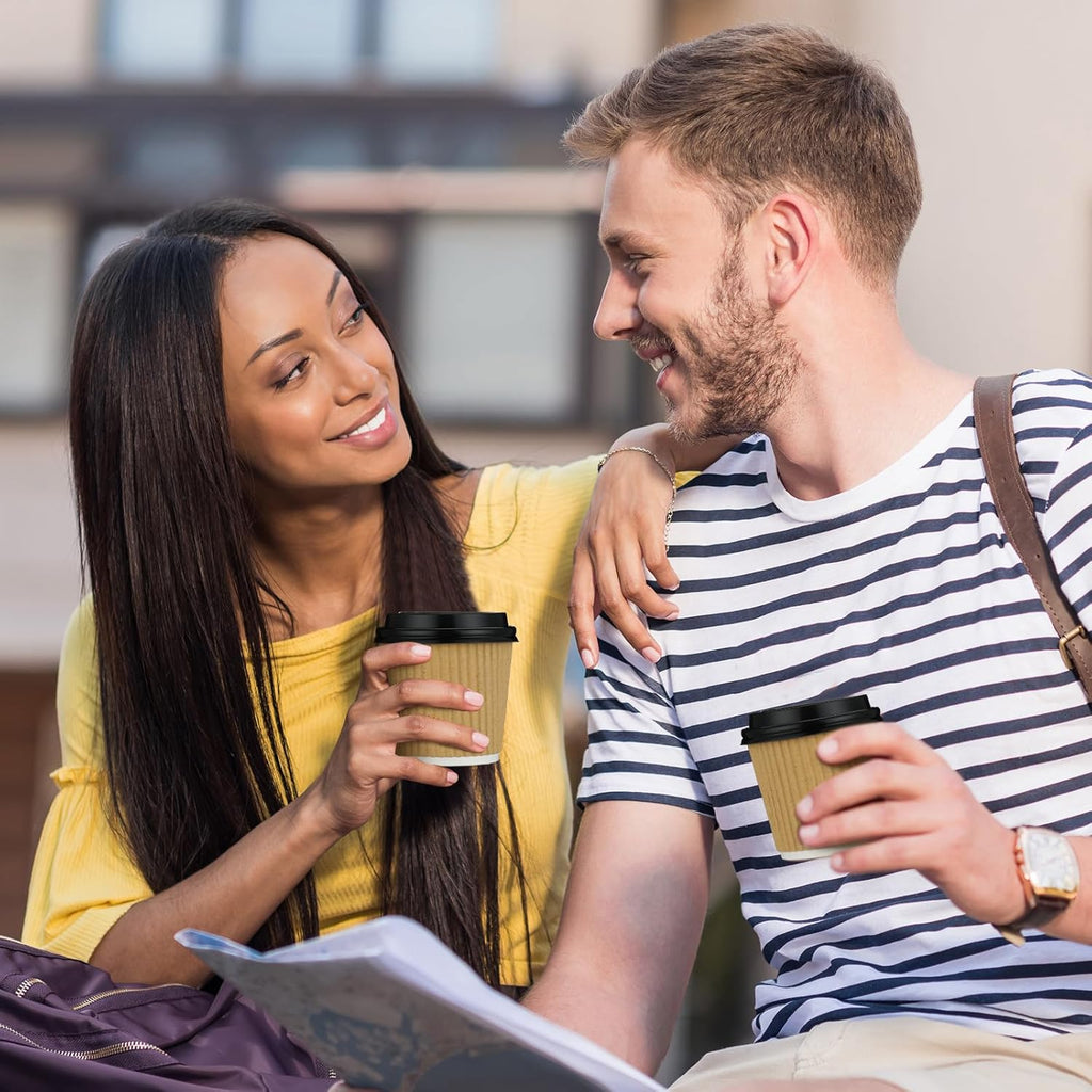 Uiifan 100 Set 4oz Disposable Espresso Cups with Lids Ripple Corrugated Paper Disposable Coffee Insulated Hot Ripple Cups for hot Chocolate, Tea, and Cocoa Drinks(Kraft Paper Color)