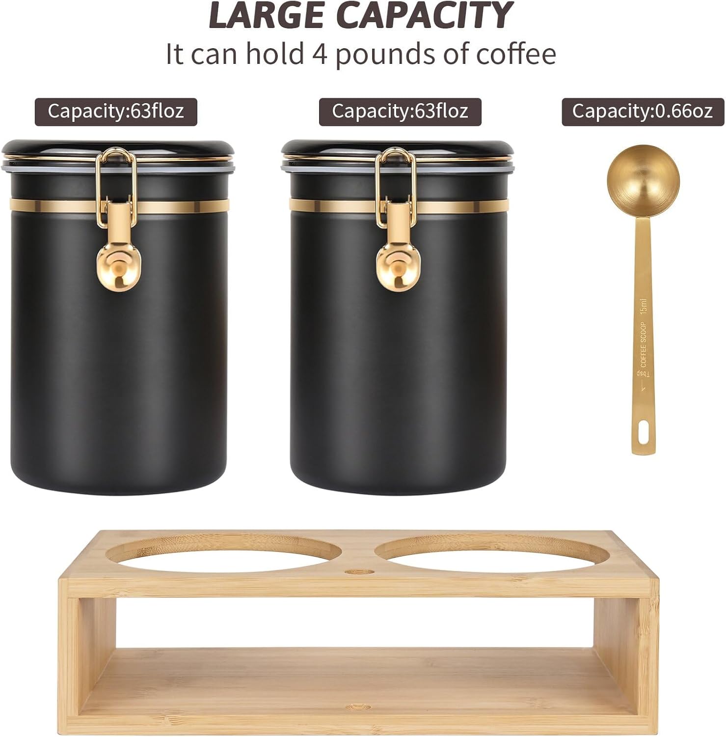 Yangbaga 304 Stainless Steel Coffee Canisters for Ground Coffee,2 x 63OZ Coffee Container with Shelf Coffee Bean Storage, Food Storage Jar with Gold Airtight Locking Clamp and Spoon for Kitchen