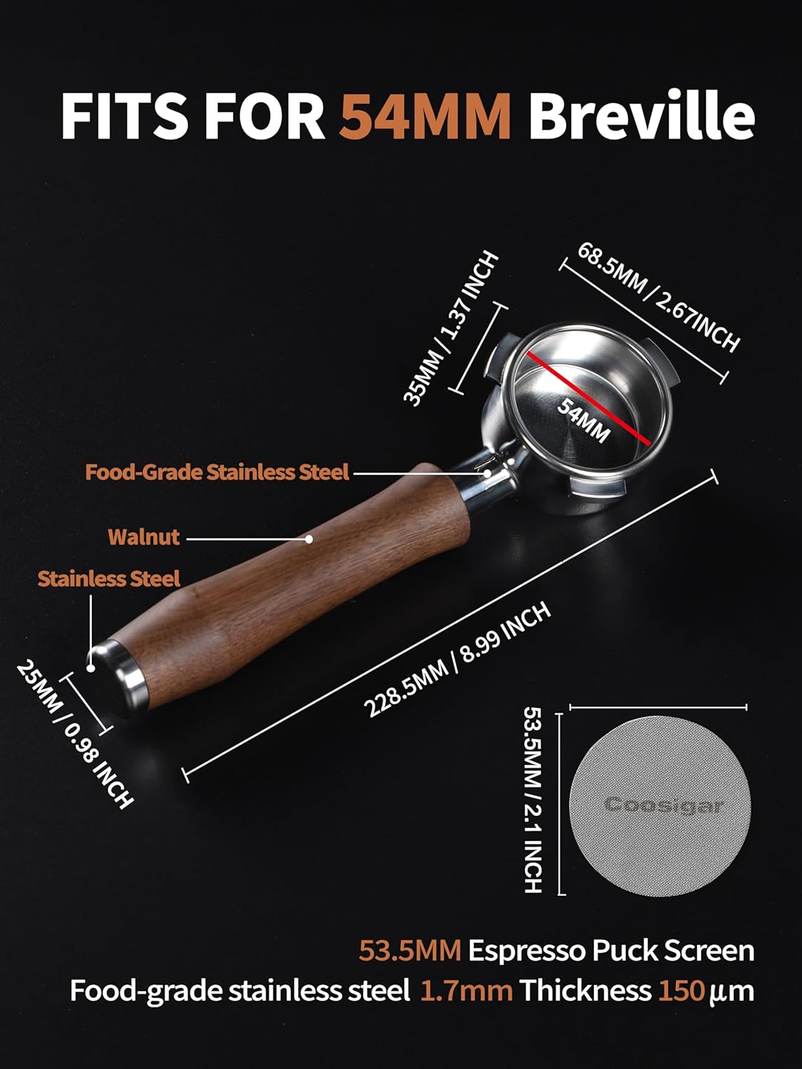 54mm Bottomless Portafilter with Puck Screen | Fits for 54mm Breville Machines | Stainless Steel portafilter and Walnut wood Handle|Espresso Machine Accessories(Walnut)