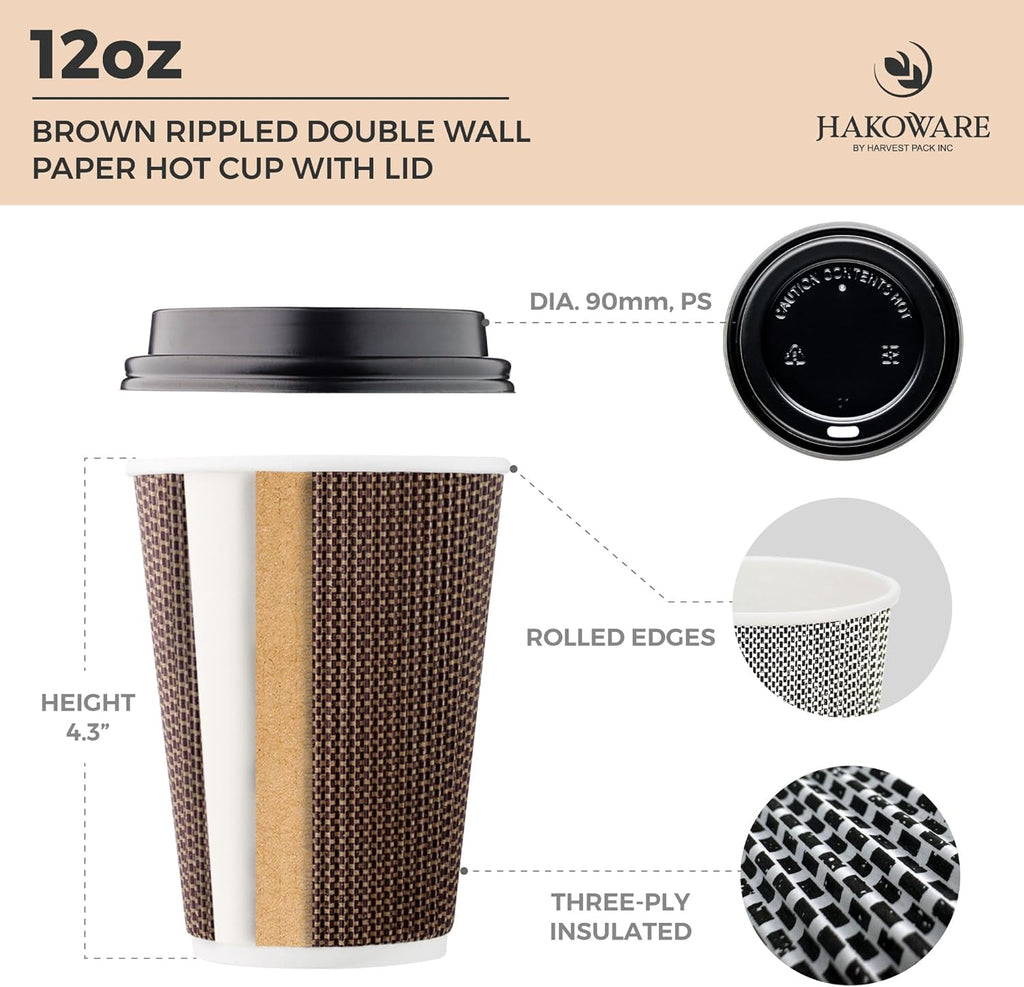[400 SET]Harvest Pack 12 oz Disposable Coffee Cups, Insulated Ripple Double-Walled Paper Cup with Lid, Brown Geometric, Tea Hot Chocolate Drinks To go coffee cups