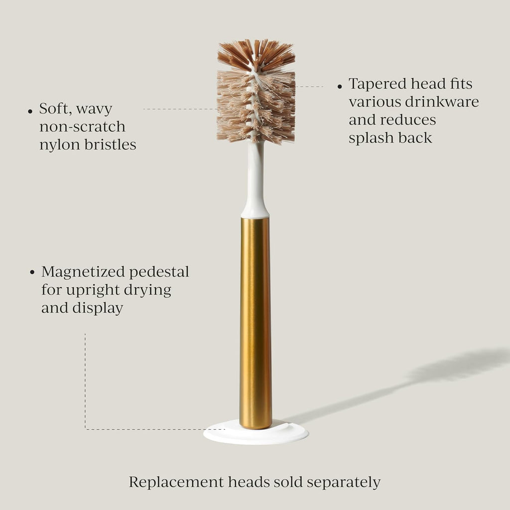 Ionic Bottle Brush, Magnetized to Stand Upright, Stainless Steel with Replaceable Head, Brass/Gold