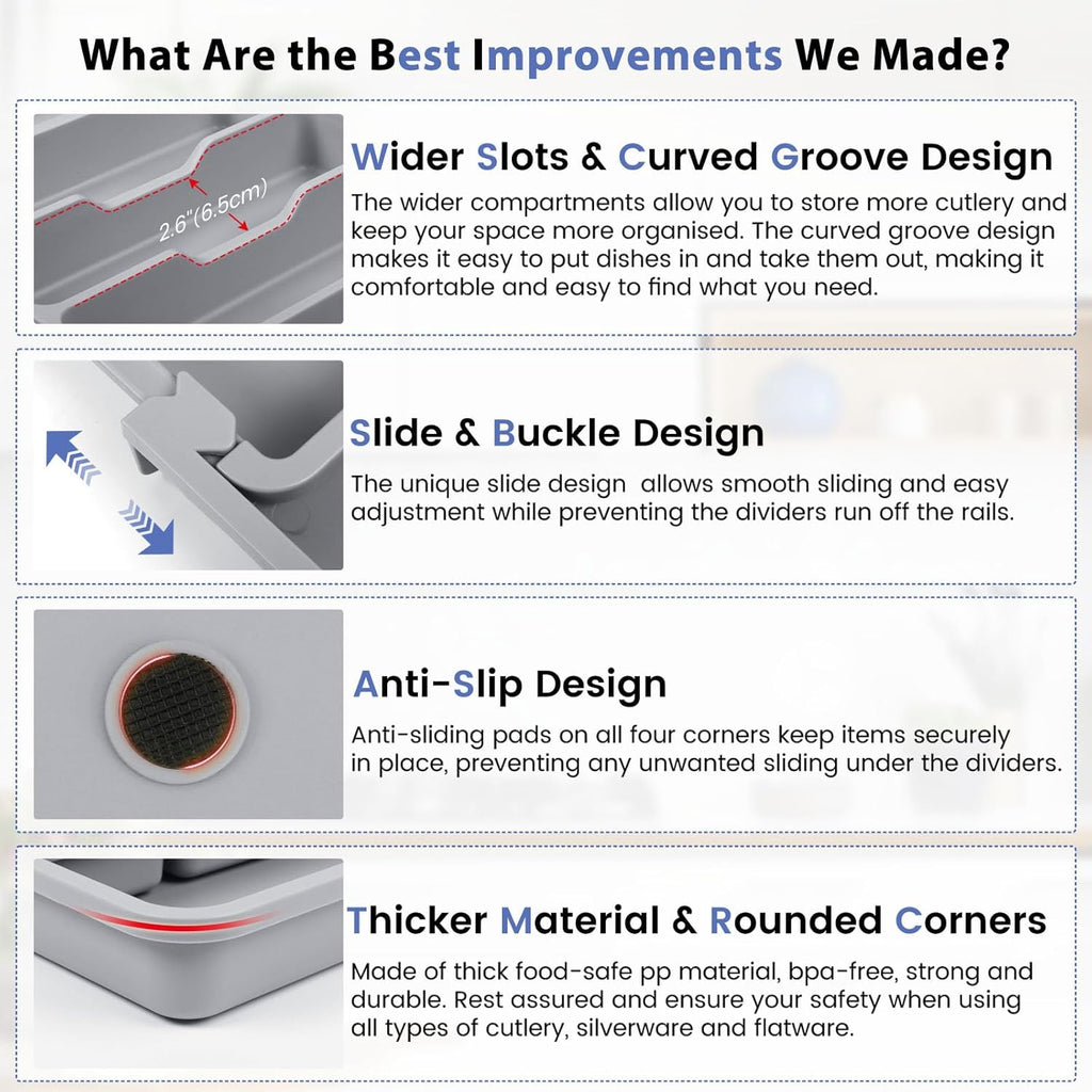 Caperci Large Silverware Organizer for Kitchen Drawer & Utensils - Expandable Drawer Organizer for Cutlery, Flatware & Gadget, BPA-Free Thick Plastic, Wider Compartments & Non-skid Feet (Medium Gray)