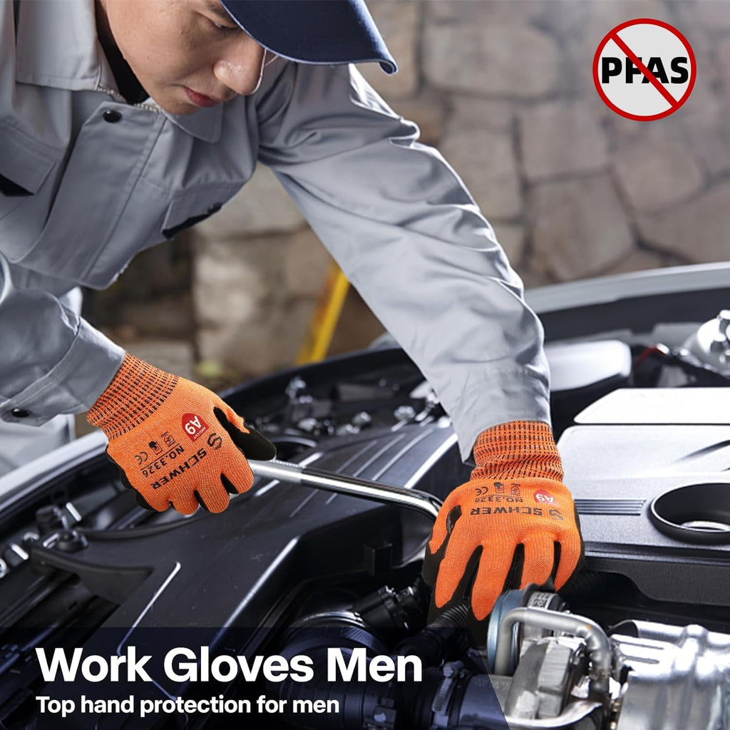 Schwer ProGuard Highest Level Cut Resistant Work Gloves PR3326 for Extreme Protection，ANSI A9 Cut Gloves with Reinforced Thumb, Non Slip, Breathable, Durable, Touch-screen, Non PFAS, Orange 1 Pair（L）