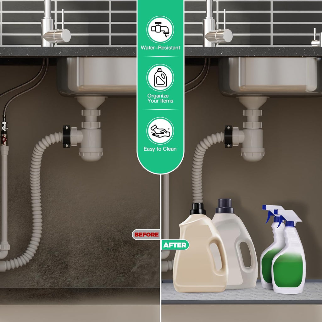 TRZZ Silicone Waterproof Under Sink Mat 31" x 22", Drip Tray and Cabinet Liner for Kitchen and Bathroom, Prevents Water Damage and Organizes Cabinets (Grey)