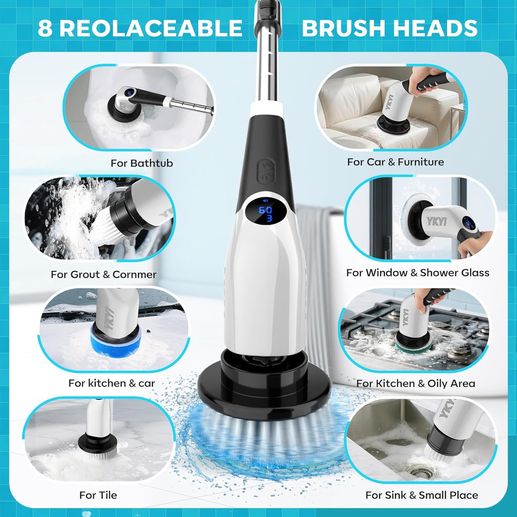 YKYI Electric Spin Scrubber,Cordless Cleaning Brush,Shower Cleaning Brush with 8 Replaceable Brush Heads,Power Scrubber 3 Adjustable Speeds,Adjustable & Detachable Long Handle,Voice Broadcast