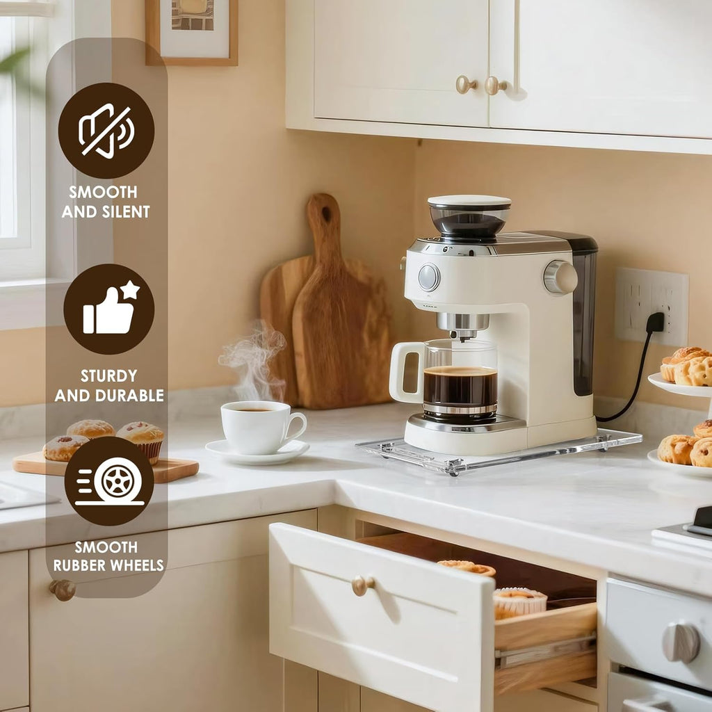 Appliance Sliders for Kitchen appliances Sliding Tray for Coffee Maker, Espresso Machines, Mixers Sturdy Kitchen Aid Sliders for Mixer - Duty Equipment with Rubber Wheels - 13" x 14" (Clear)