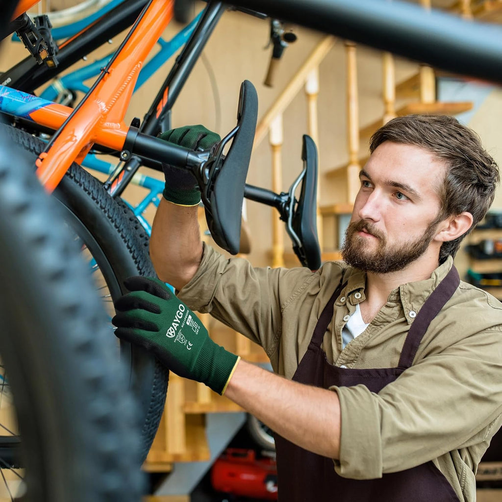 KAYGO Safety Work Gloves PU Coated,12 Pairs KG11PB Seamless Knit Glove for Men and Women, with Smooth Grip on Palm and Fingers, Ideal for General Duty Work (Large,Dark Green)