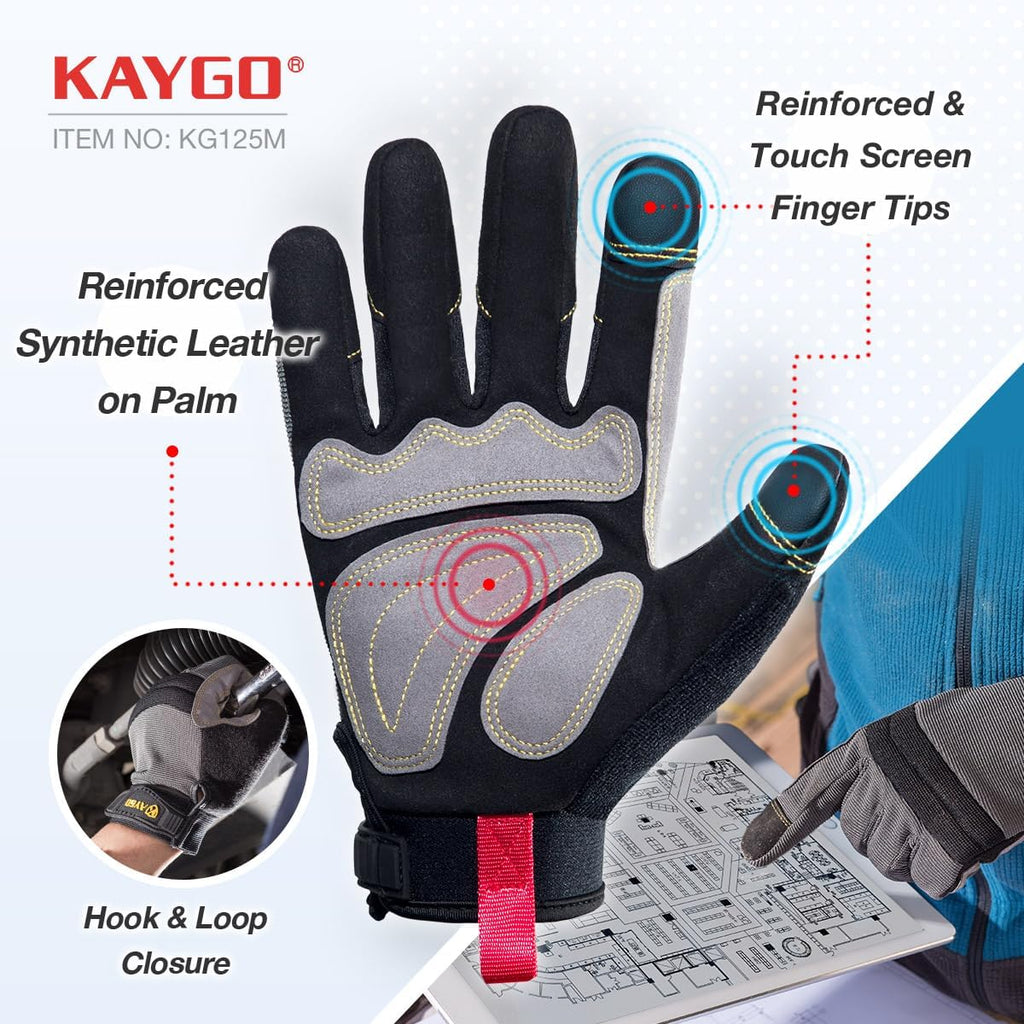 KAYGO Work Gloves For Men, KG125M Mechanic Utility Work Gloves for All Purpose, Excellent Grip, Heavy Duty, Improved Dexterity, Touch Screen,Large,3 Pair
