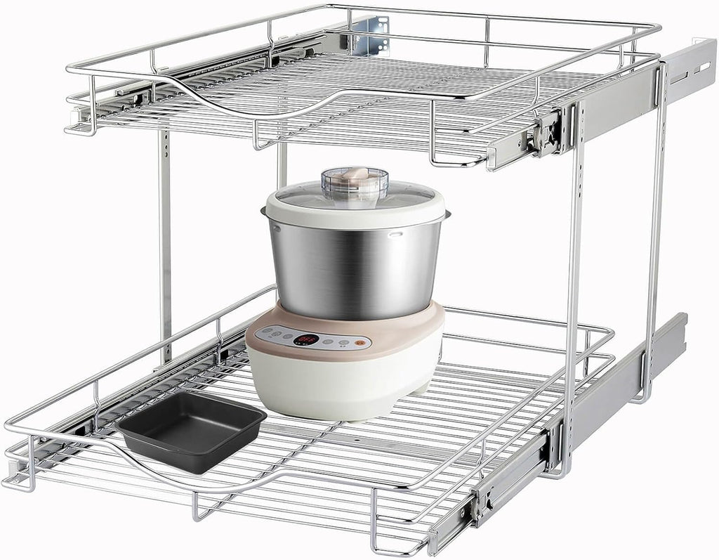DINDON 2 Tier Pull Out Cabinet Organizer (17" W X 21" D), Double Tier Wire Basket Slide Out Shelf Storage for Kitchen Base Cabinet, Chrome Finish