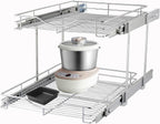 DINDON 2 Tier Pull Out Cabinet Organizer (17" W X 21" D), Double Tier Wire Basket Slide Out Shelf Storage for Kitchen Base Cabinet, Chrome Finish