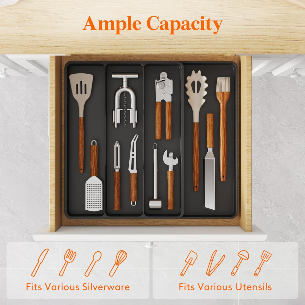Lifewit Utensil Drawer Organizer, Expendable Cooking Silverware Tray for Kitchen Drawer, Adjustable Cutlery Flatware Holder, Plastic Spatula Tools and Gadgets Storage Divider, 4 Compartments, Black