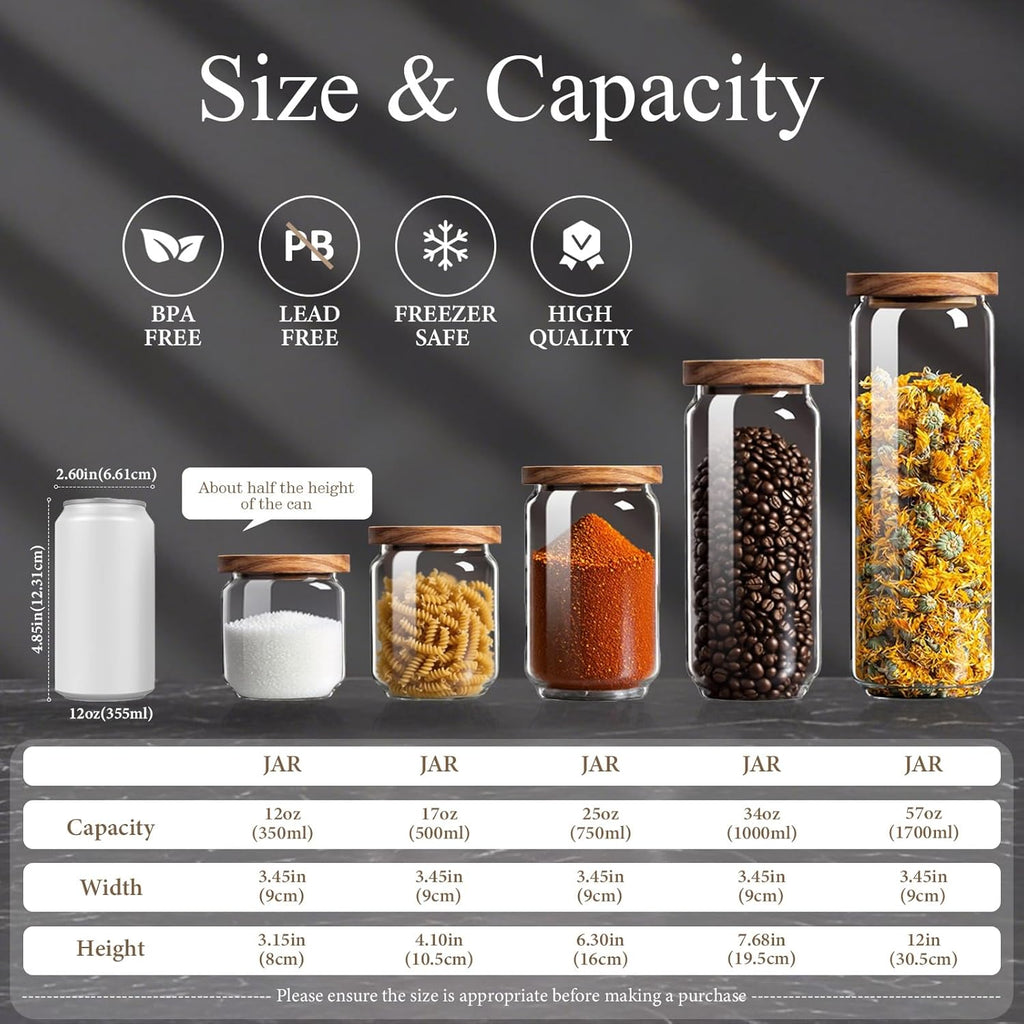 Glass Jars with Airtight Wood Lids - Small Large Kitchen and Pantry Storage Containers, Canisters for Spaghetti, Noodles, Pasta, Ground Coffee, Sugar, Cereal, Spice, Salt, Salad, Matcha, Set of 5