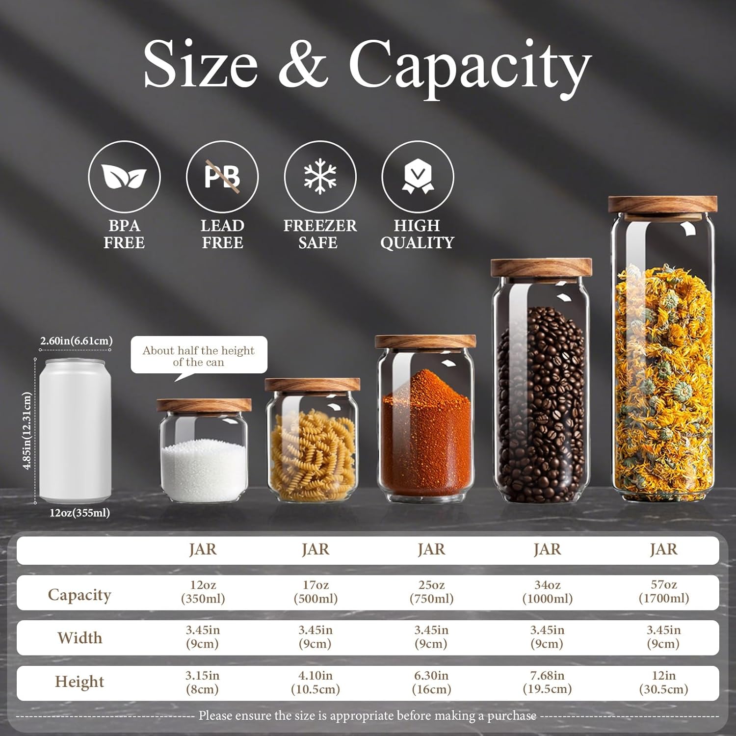 Glass Jars with Airtight Wood Lids - 34 oz Large Kitchen and Pantry Storage Containers, Canisters for Spaghetti, Noodles, Pasta, Ground Coffee, Sugar, Cereal, Set of 2