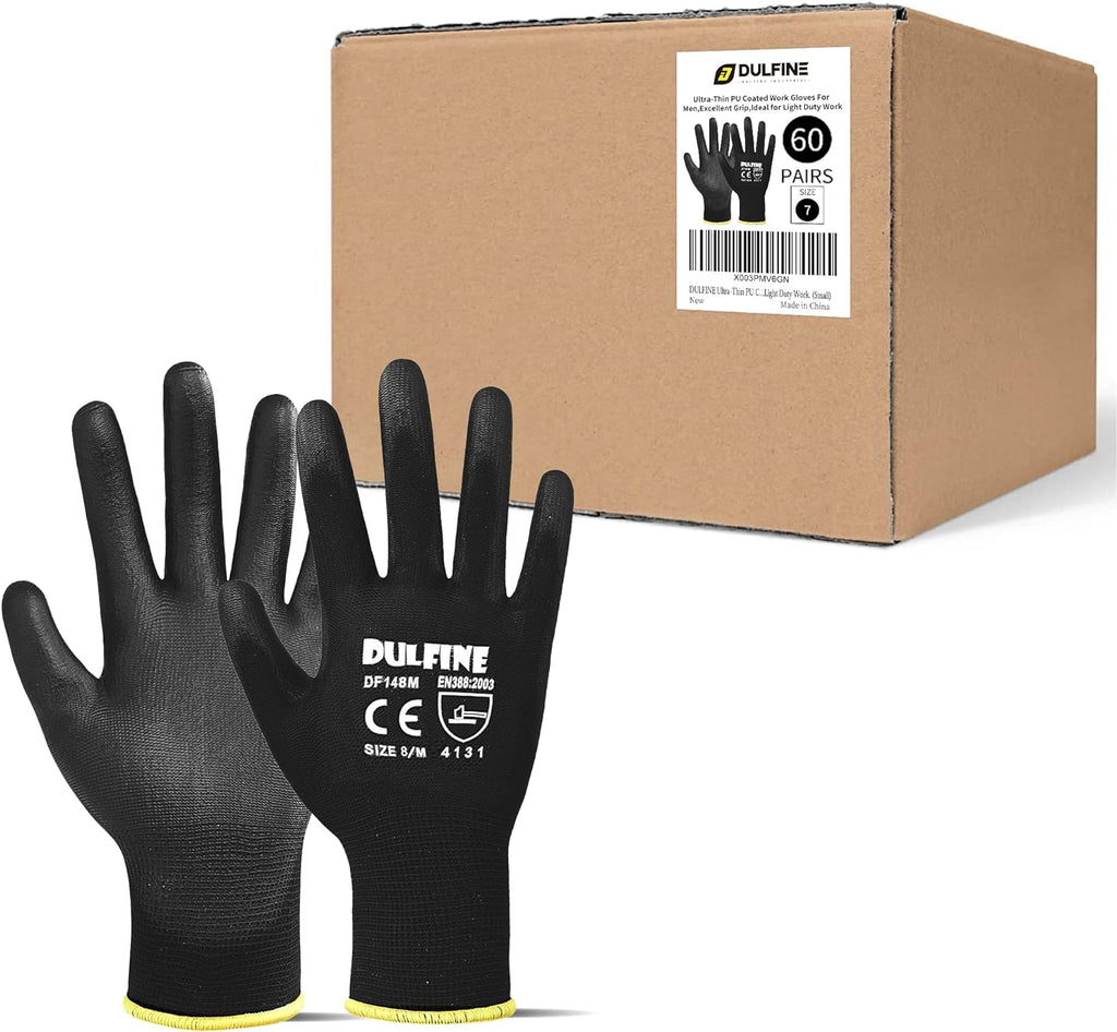 DULFINE Ultra-Thin PU Coated Work Gloves-60 Pairs,Excellent Grip,Nylon Shell Black Polyurethane Coated Safety Work Gloves, Knit Wrist Cuff,Ideal for Light Duty Work. (Small)
