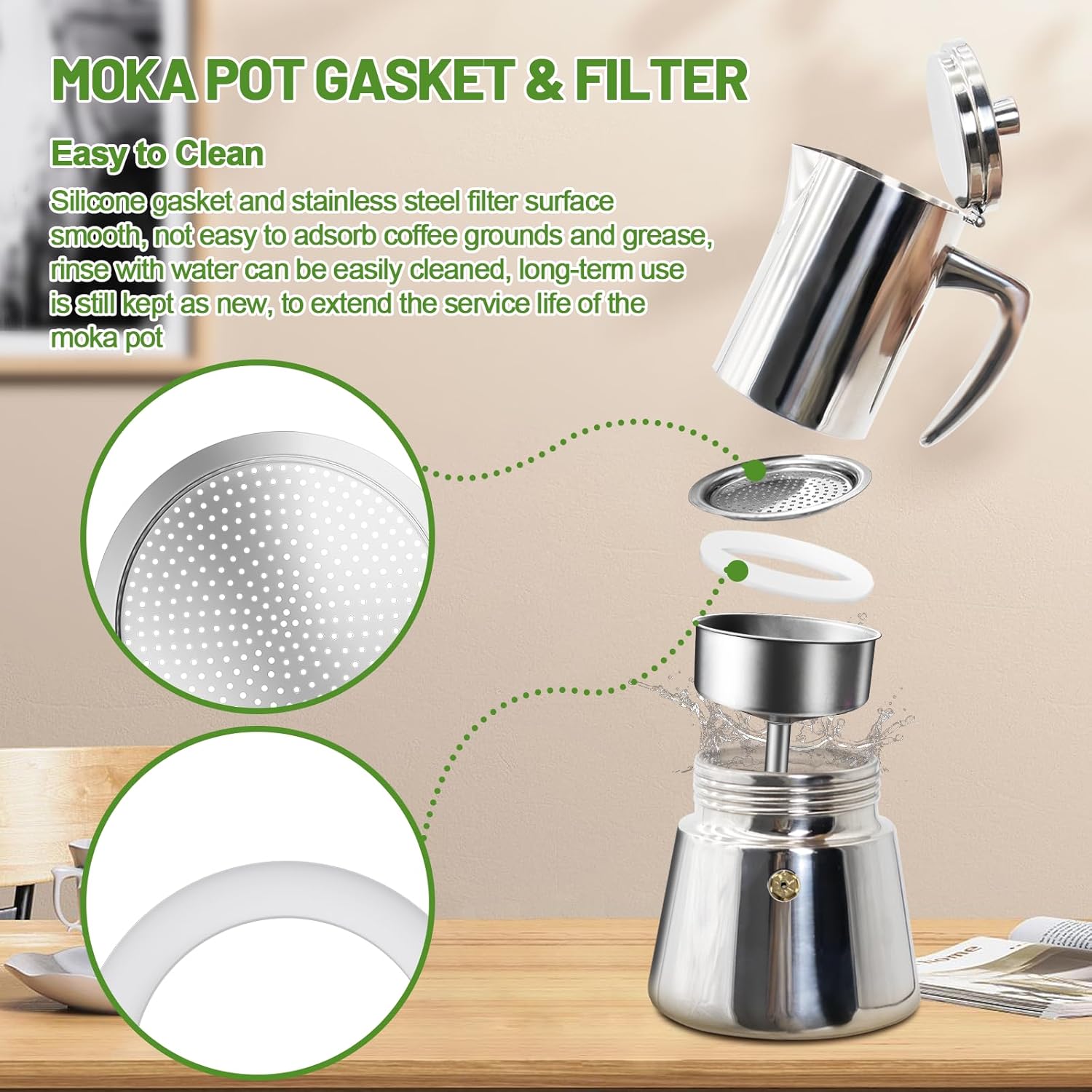 2 Pcs Filter with 3 Pcs Silicone Gasket Seals for 6 Cup Stovetop Espresso Coffee Maker Replacement Parts for 304 Stainless Steel Moka Pot