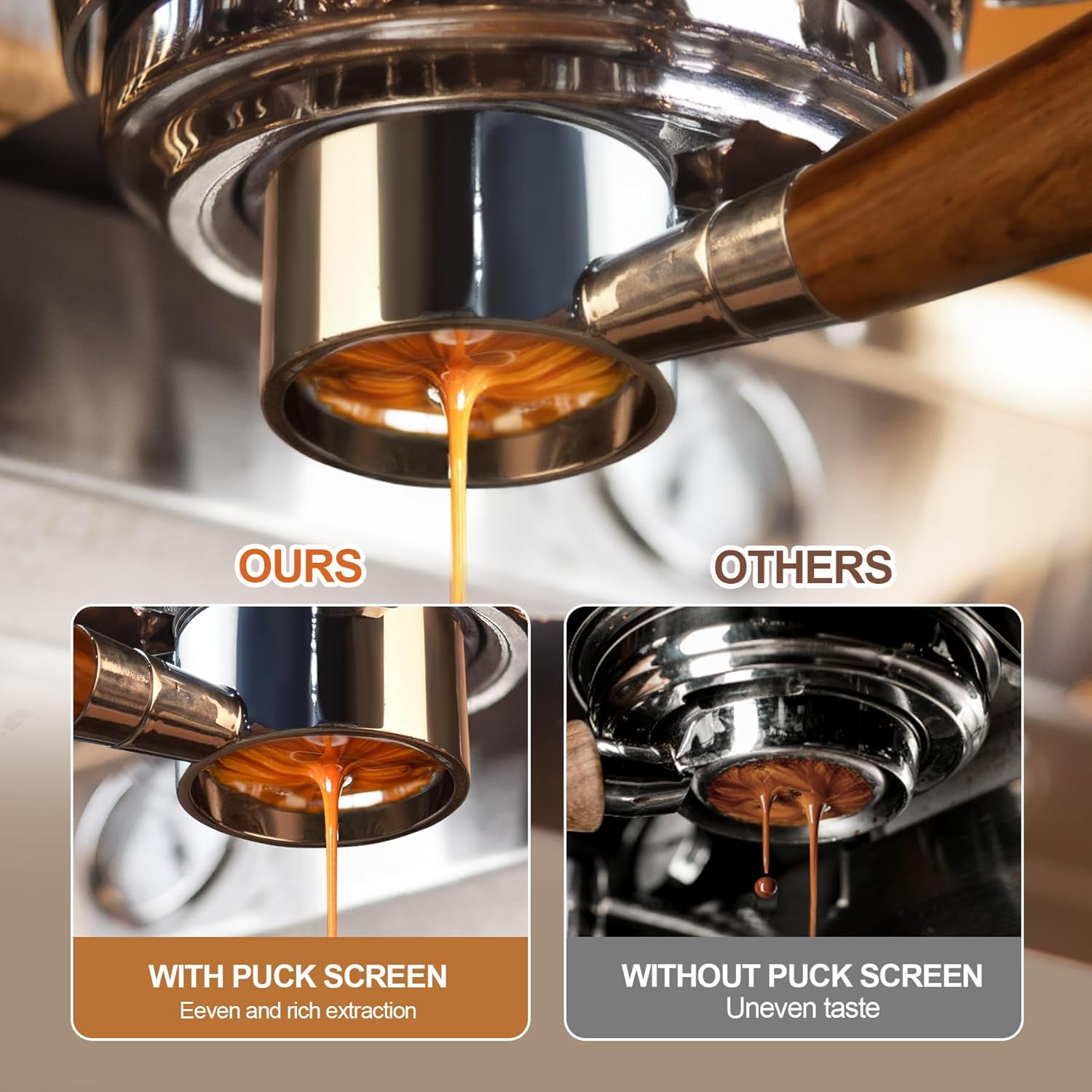 54 mm Bottomless Portafilter Compatible with Breville Barista Express Machines 3 Ears Espresso Portafilter with Puck Screen,Stainless Steel Porta filter, Rosewood Handle