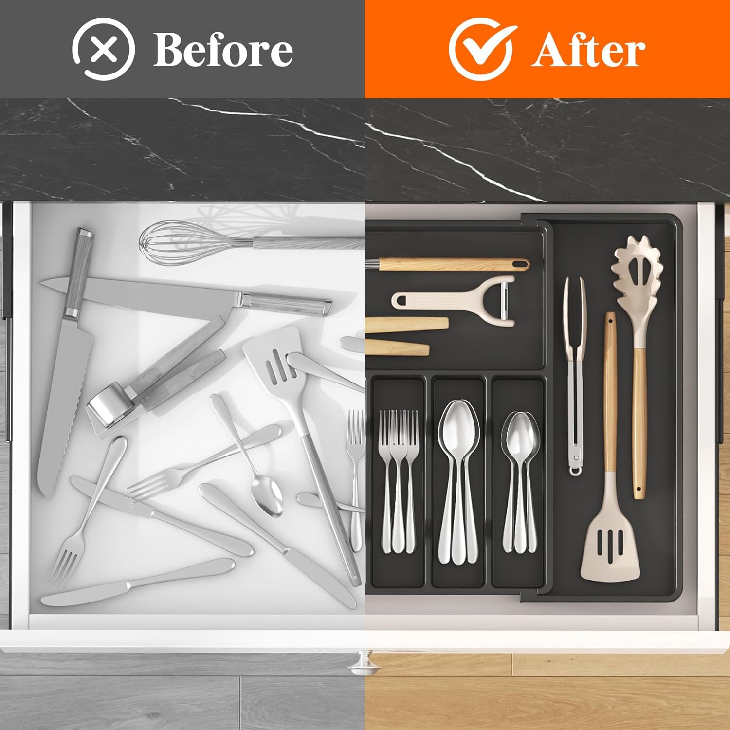 Lifewit Silverware Drawer Organizer, Expandable from 15.4 to 27 inches, Utensil Tray for Kitchen, Adjustable Cutlery Holder, Plastic Flatware Storage for Spoons Forks Knives, Extra Large, Black