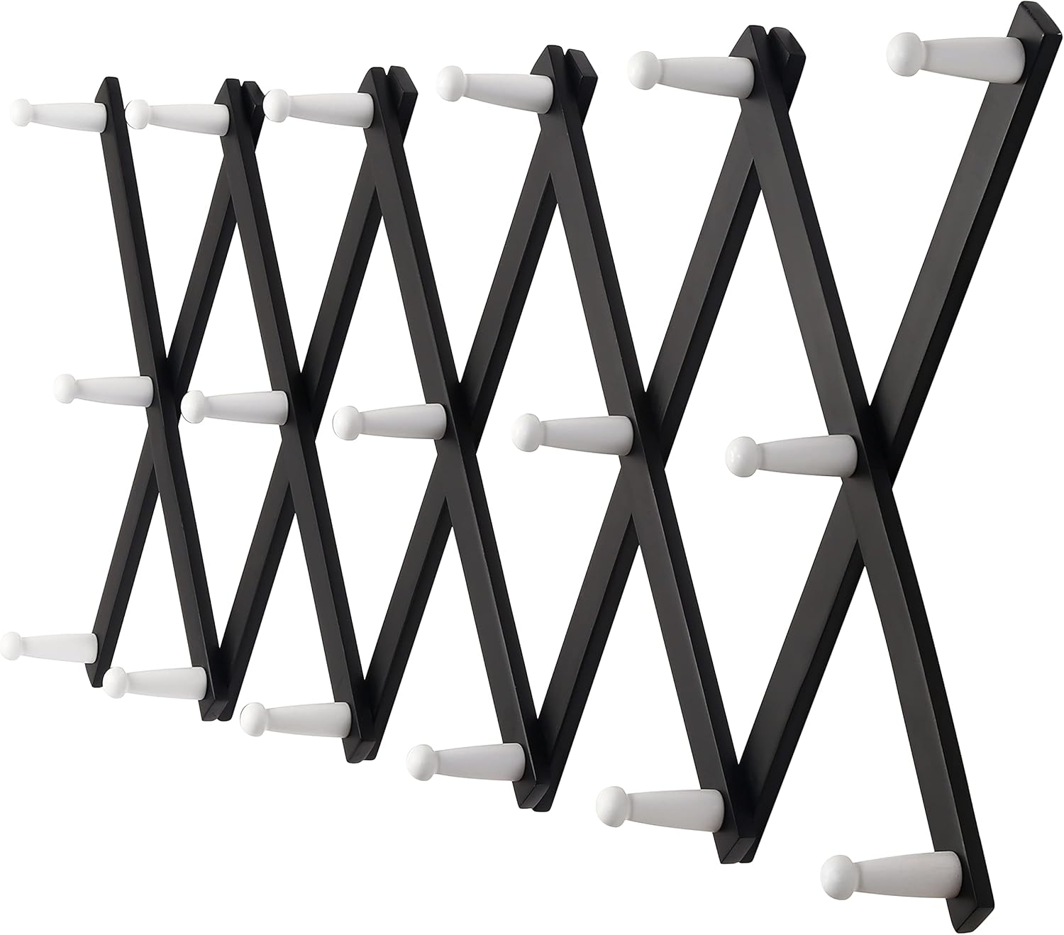 Dseap Accordian Wall Hanger: 16” High Wooden Wall Expandable Coat Rack, Hat Rack Holder, Accordion Hook for Baseball Caps, Coats, Mugs,17 Peg Hooks, Black & White