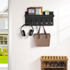 Shelf with Hooks, Coat Rack Wall Mount with 6 Double Metal Hooks, 17 Inch Farmhouse Wall Hooks with Shelf, for Entryway, Bathroom, Kitchen, Black