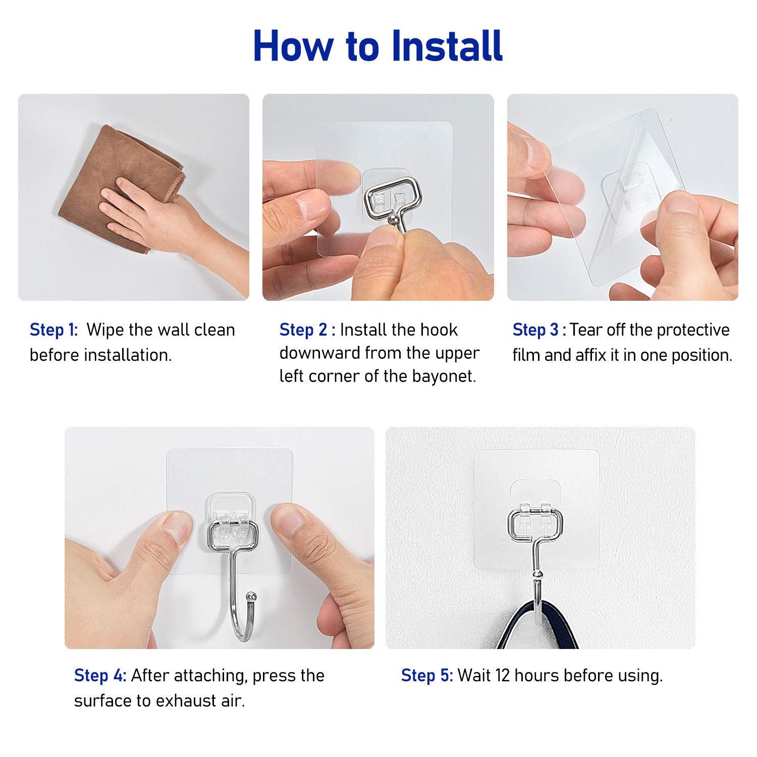 FACURY Large Adhesive Hooks 22Ib(Max), Waterproof and Rustproof Wall Hooks for Hanging Heavy Duty, Stainless Steel Towel and Coats Hooks to use Inside Kitchen, Bathroom, Home and Office, 8Pack