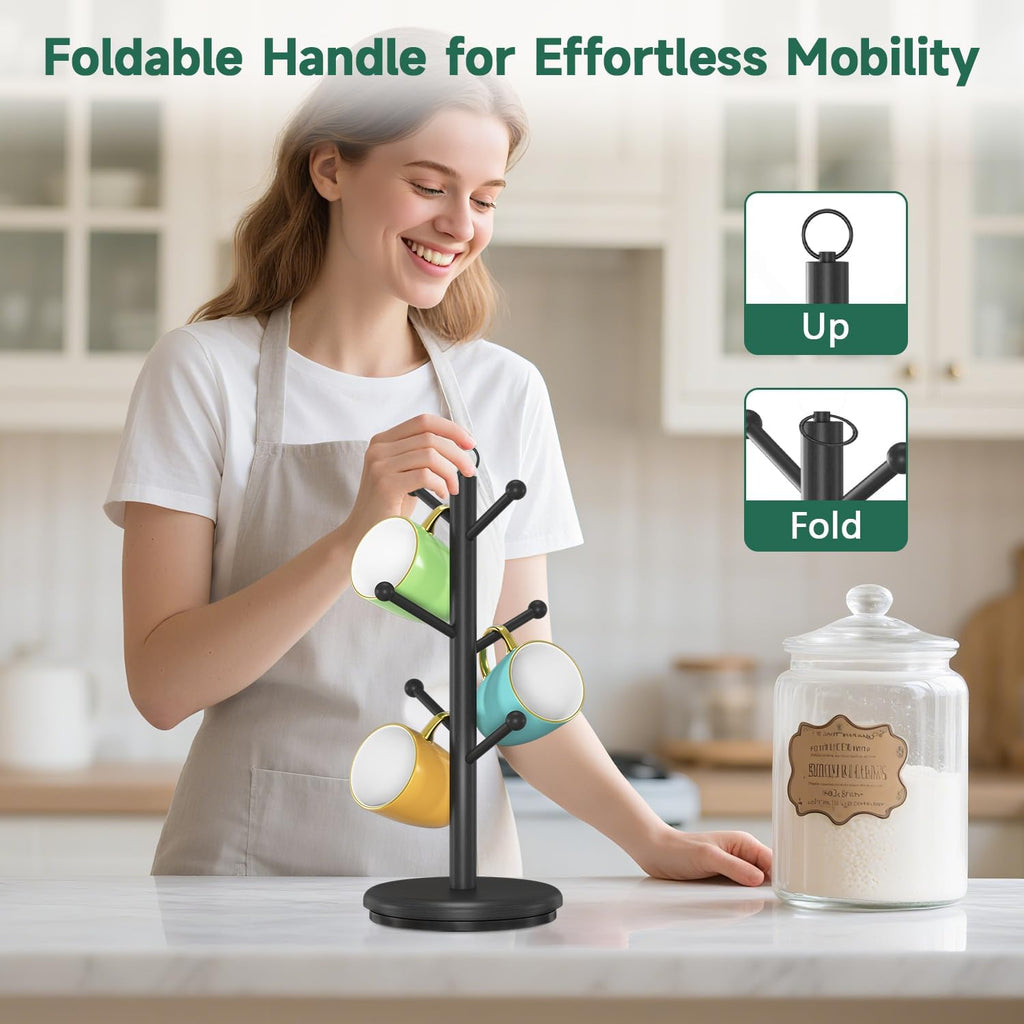 EsLuker.ly Mug Holder Tree Bamboo 360° Rotating Coffee Cup Display Rack with 6 Hooks for Home Kitchen Counter, Upgrade Wood Mug Stand Station Organizer, Building Your Dream Coffee Corner, Black