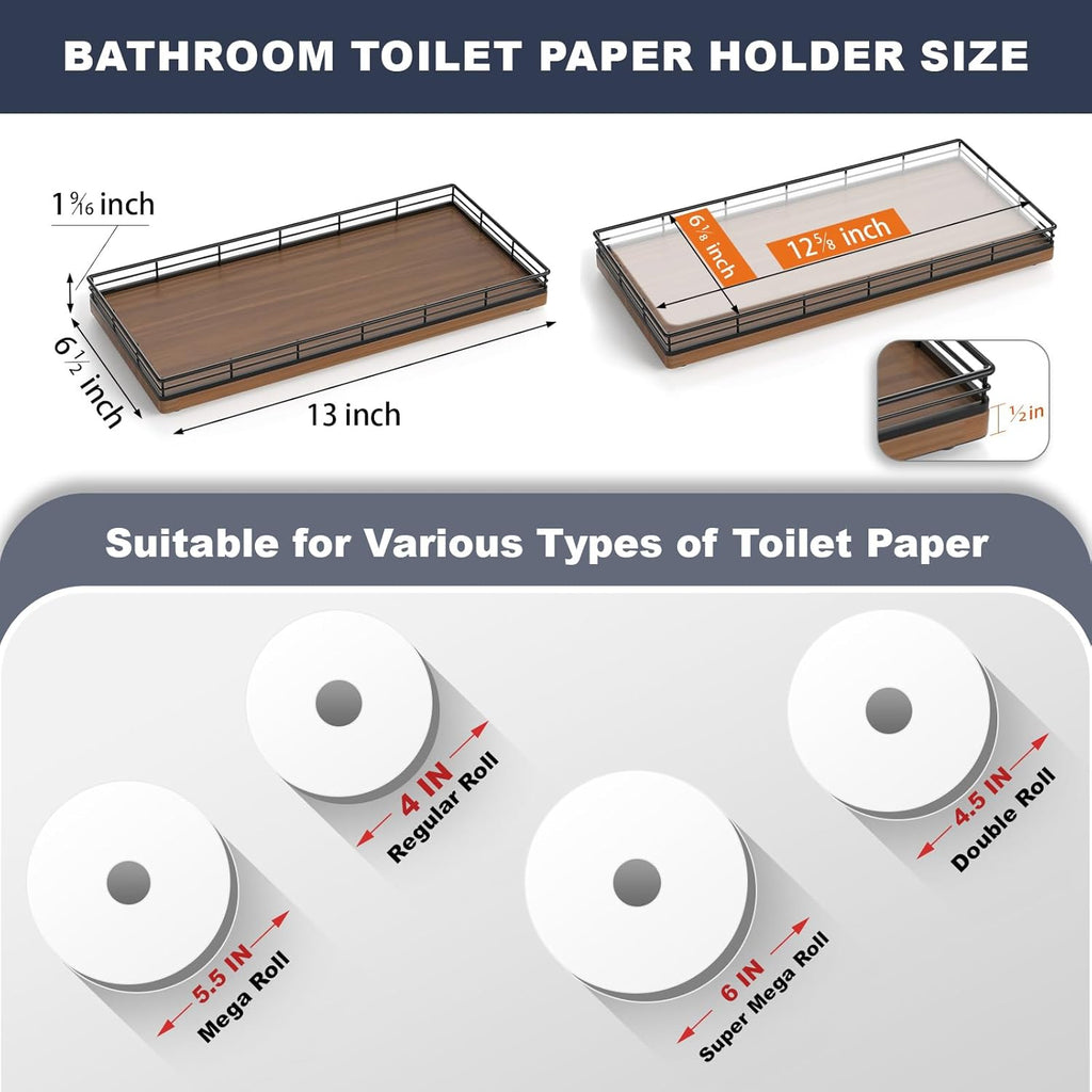 Oak Bathroom Toilet Tank Tray, 13" Wood Back of Toilet Paper Storage Tank Topper Basket, Vanity Tray for Perfume Makeup Candle Toiletry Organizer for Kitchen Coffee Table Walnut Tray Decor